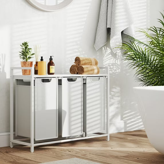 LEDREM 3-Compartment Laundry Sorter with Shelf, 31.7 Gallon Capacity, Removable Bags & Steel Frame, Cream White and Cloud White