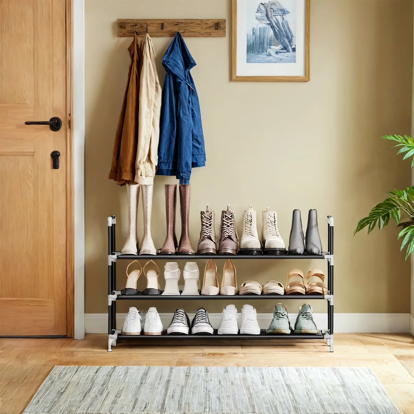 LEDREM 3-Tier Shoe Storage Rack for Hallway,Closet, Slim Space-Saving Design, Metal Frame & Non-Woven Shelves, Holds 12-15 Pairs, Easy Assembly, Black