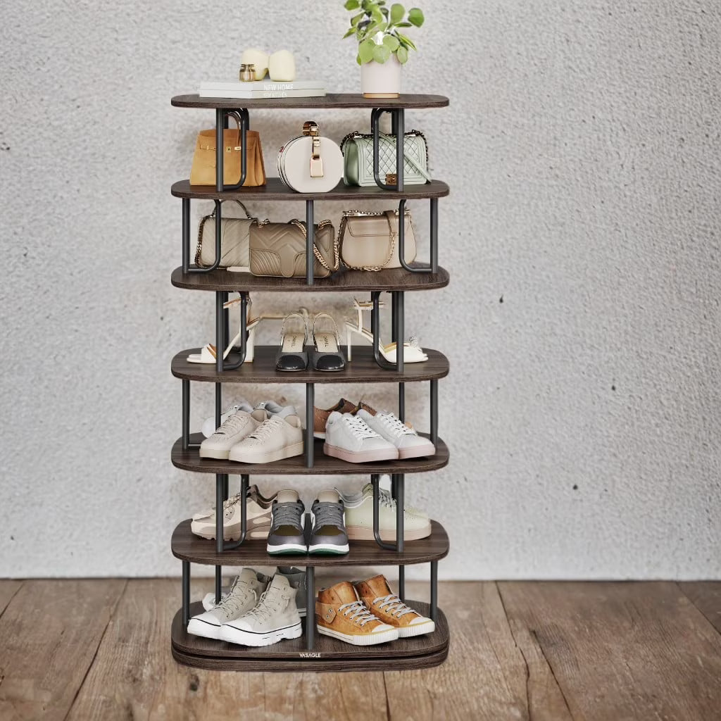360° Rotating Shoe Rack – 5-Tier Freestanding Storage Organizer for 28+ Pairs, Entryway,Closet, Sturdy Steel & Particleboard, Ash Brown