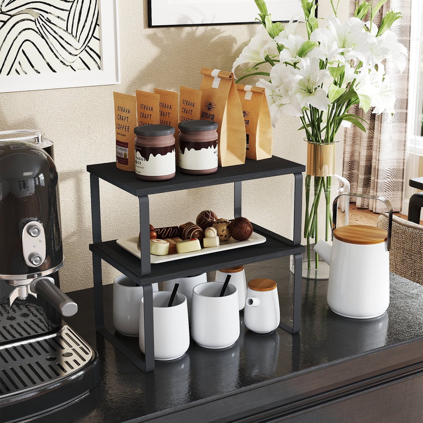 LEDREM 2-Tier Stackable Shelf Organizer - Metal/Wood Kitchen Storage Rack, 33lb Capacity, Adjustable Layout, Multi-Purpose, Ink Black and Heather Greige