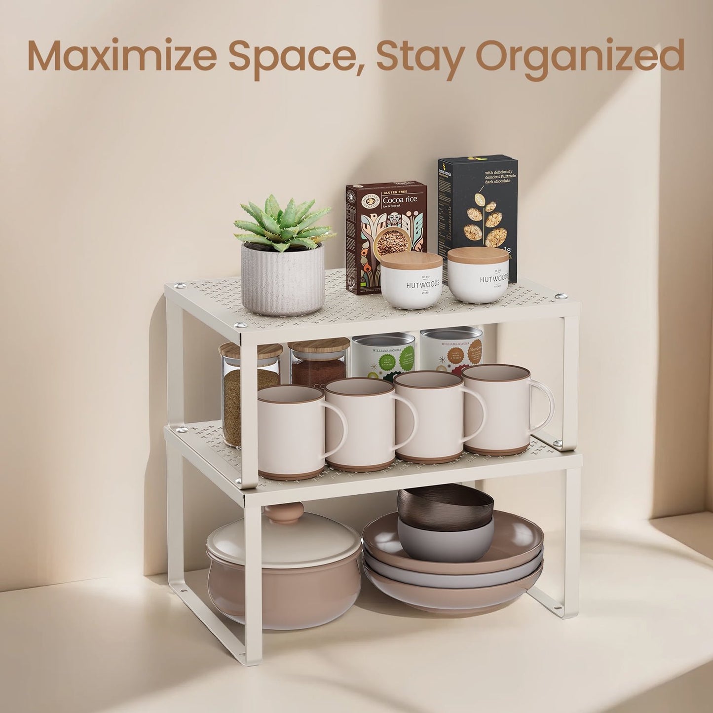 LEDREM 4-Tier Stackable Shelf Organizer - Metal Cabinet & Countertop Riser, Space-Saving Design, Holds 22lbs, Adjustable, Oatmeal Beige