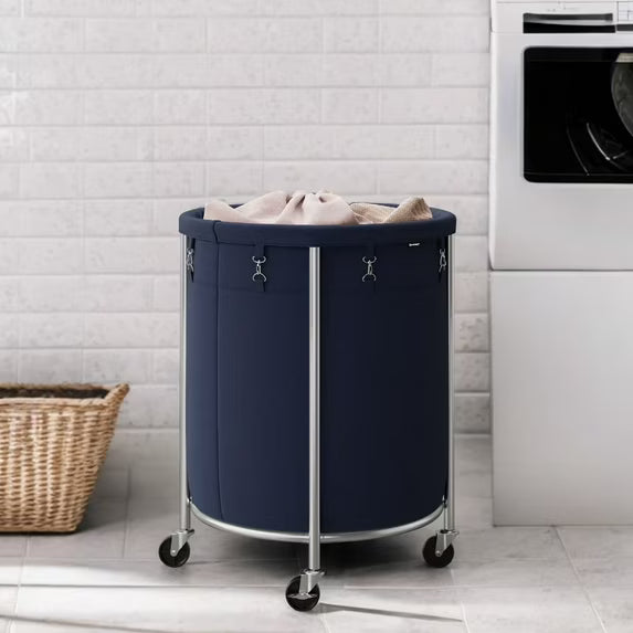 LEDREM 45-Gal Rolling Laundry Hamper with Wheels, Steel Frame & Removable Bag, 4 Casters (2 Brakes), Charcoal Blue and Metallic Silver