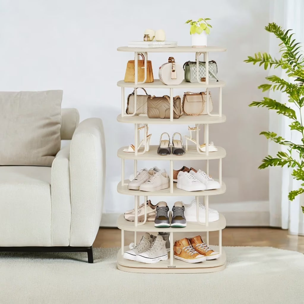 7-Tier Rotating Shoe Rack – 360° Spinning, Holds 28-35 Pairs, Entryway,Closet Organizer, Freestanding, Cream White