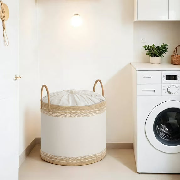 LEDREM 90L Laundry Hamper with Drawstring Lid & Handles, Sturdy Poly-Cotton Blend, Breathable Storage Basket for Clothes, Blankets, Bedroom, Living Room, Camel Brown