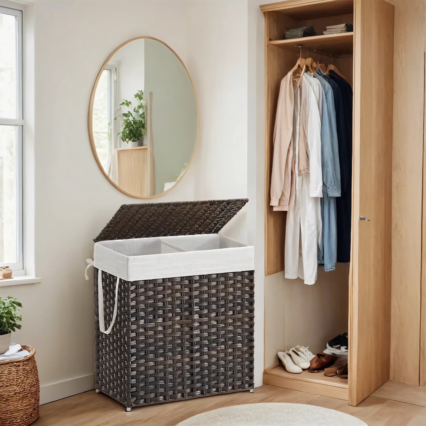 Double Laundry Hamper with Lid, 110L Capacity, 2 Removable Washable Liners & 6 Mesh Bags, Steel Frame & Wicker Design for Bathroom, Bedroom, Darks & Whites Sorting, Gray