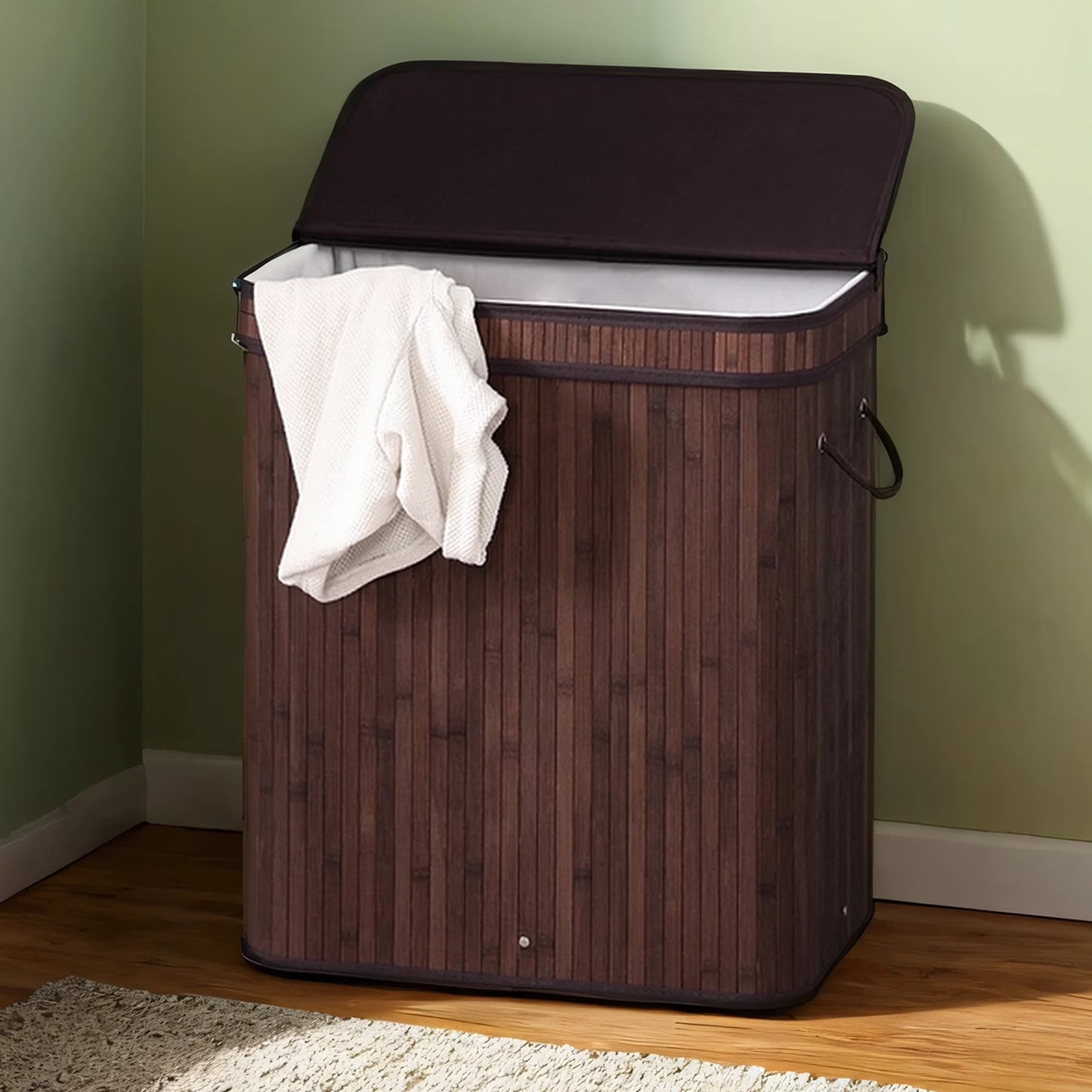 Foldable Bamboo Laundry Hamper with Removable Liner & Lid, 100L Storage Basket for Clothes, Bedding, Blankets, Handles for Easy Carry, Brown