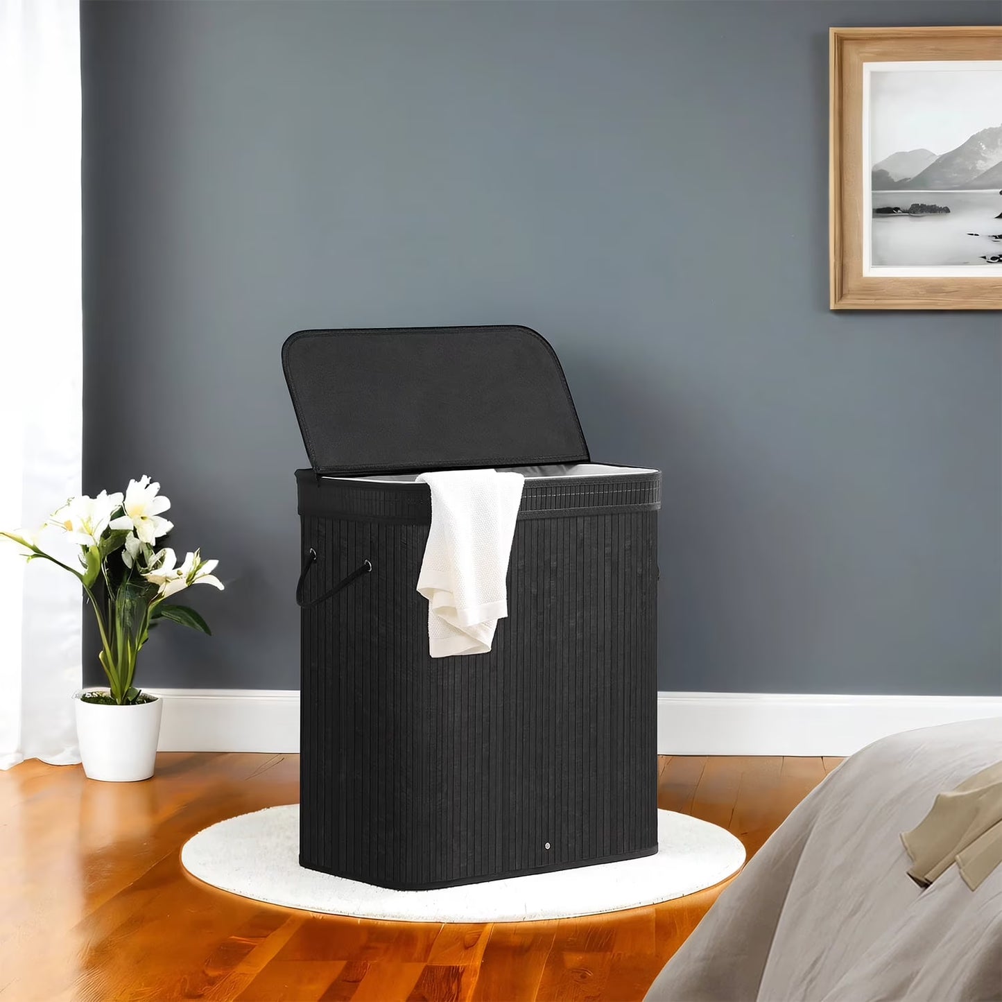 LEDREM Foldable Bamboo Laundry Hamper with Removable Washable Liner, 26.4-Gallon Capacity, Metal Frame & Handles, for Bedroom,Bathroom, Ink Black