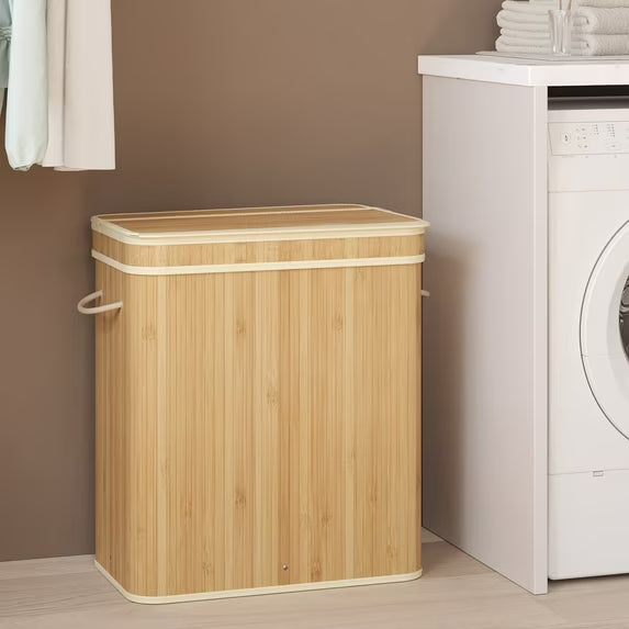 Foldable Bamboo Laundry Hamper with Removable Washable Liner, 26.4-Gallon Capacity, Metal Frame & Handles, for Bedroom,Bathroom, Natural Beige