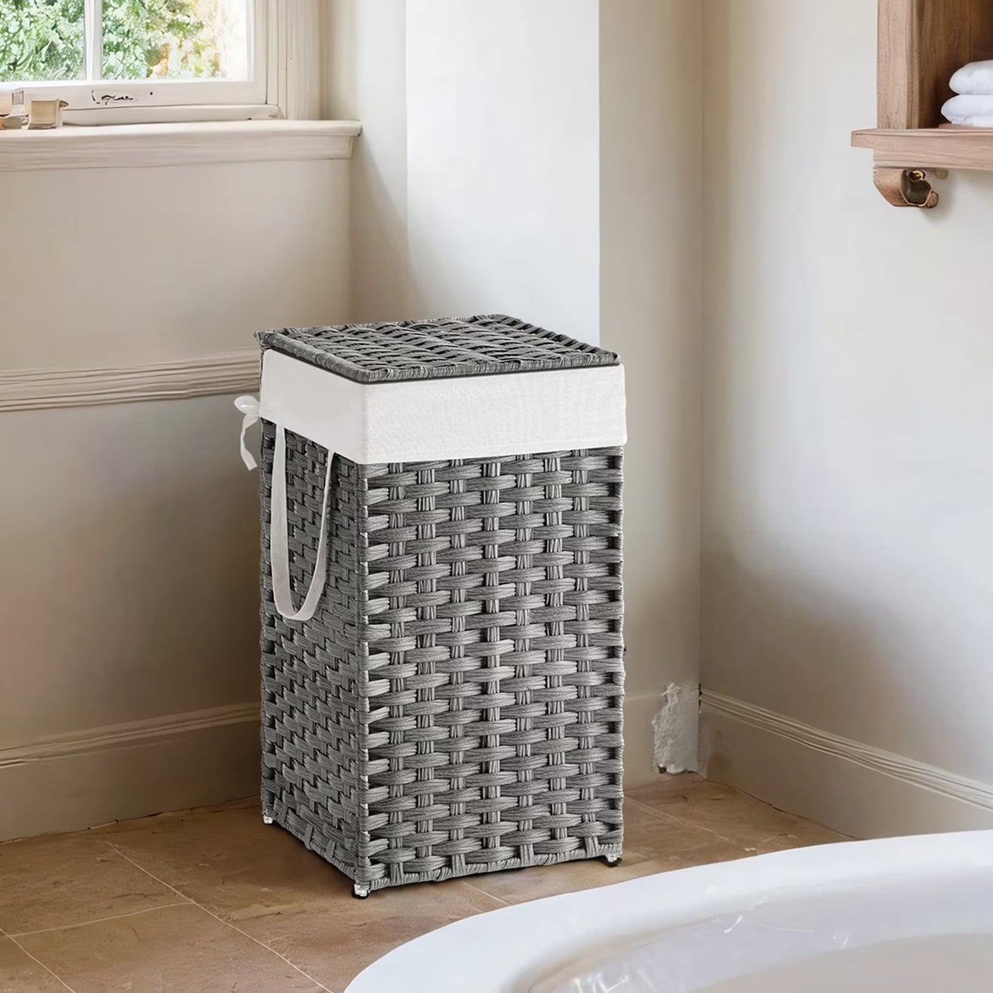 LEDREM Foldable Laundry Hamper with Removable Liner & Lid – 17.2 Gallon (65L) Synthetic Rattan Basket, Handles for Easy Carry, Space-Saving for Bathroom,Bedroom, Holds 44lb, Dove Gray