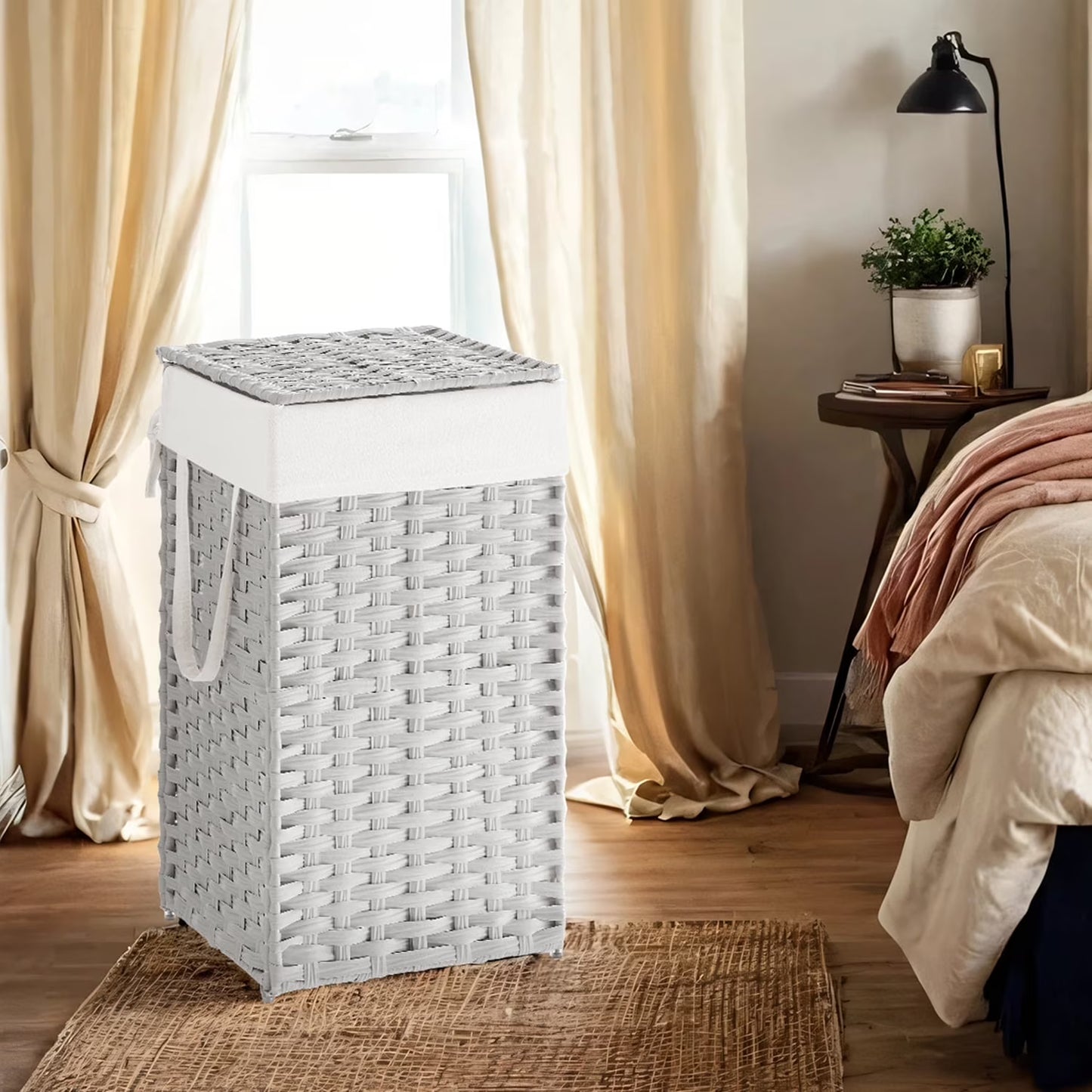 LEDREM Foldable Laundry Hamper with Removable Liner & Lid, 17.2 Gallon (65L) Synthetic Rattan Basket, Handles, Space-Saving for Bedroom,Bathroom, Cloud White