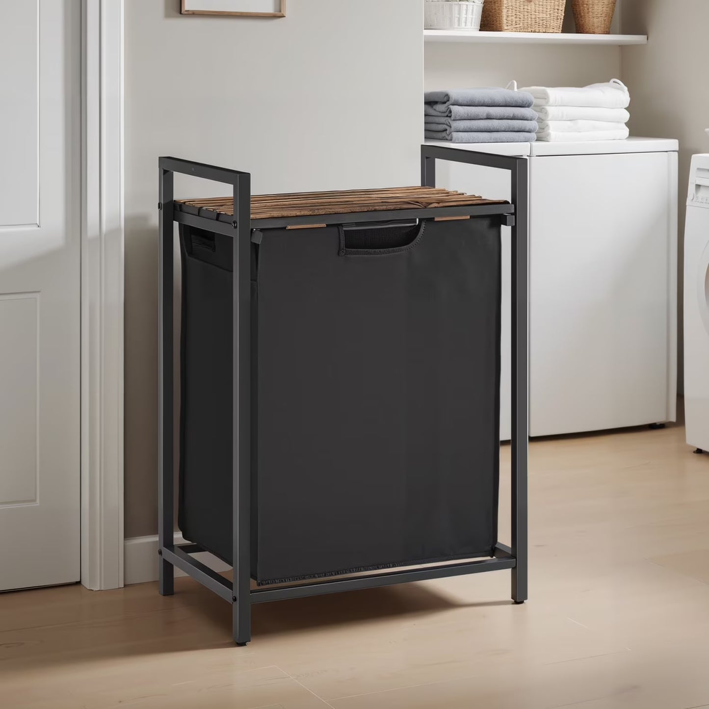 LEDREM Space-Saving Laundry Hamper with Shelf & Removable Bags, 17.2 Gallon Capacity, Metal Frame, for Small Spaces, Black and Rustic Brown