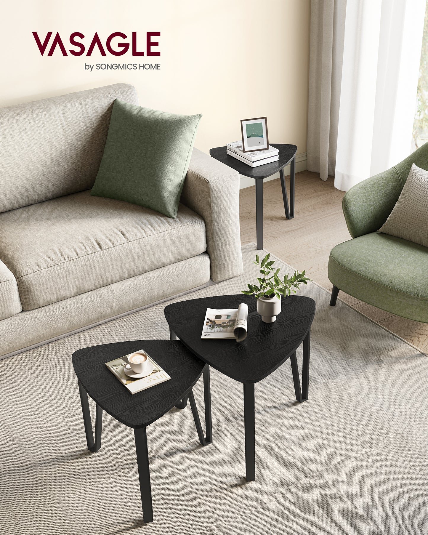 Nesting Coffee Tables End Tables Set of 2 for Living Room Bedroom Industrial Small Stacking Side Tables Charcoal Gray and Black