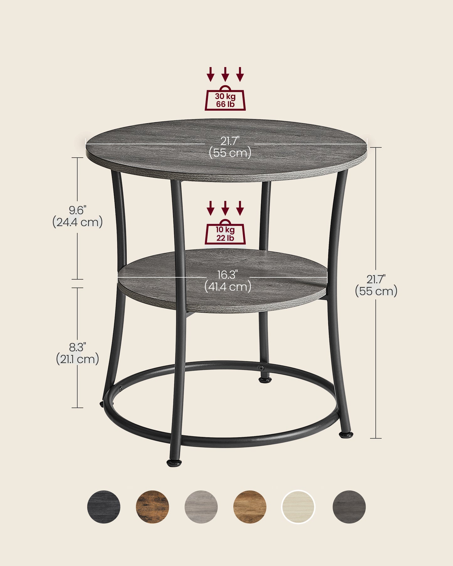 Side Table, 2-Tier Round End Table, Nightstand with Steel Frame for Small Spaces, Living Room, Bedroom, Misty Gray and Ink Black