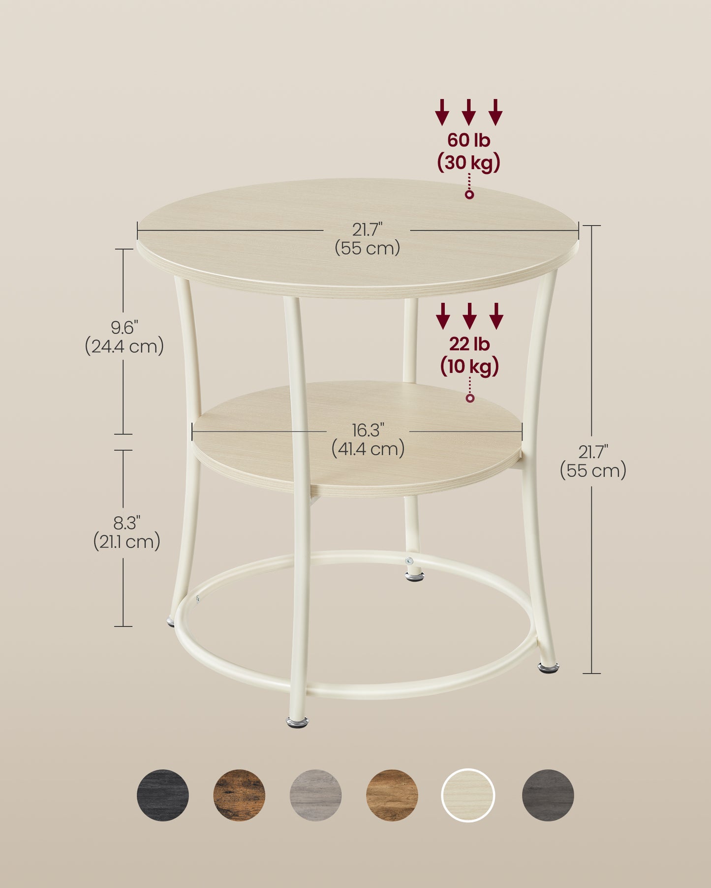 Side Table, 2-Tier Round End Table, Nightstand with Steel Frame for Small Spaces, Living Room, Bedroom, Natural Beige