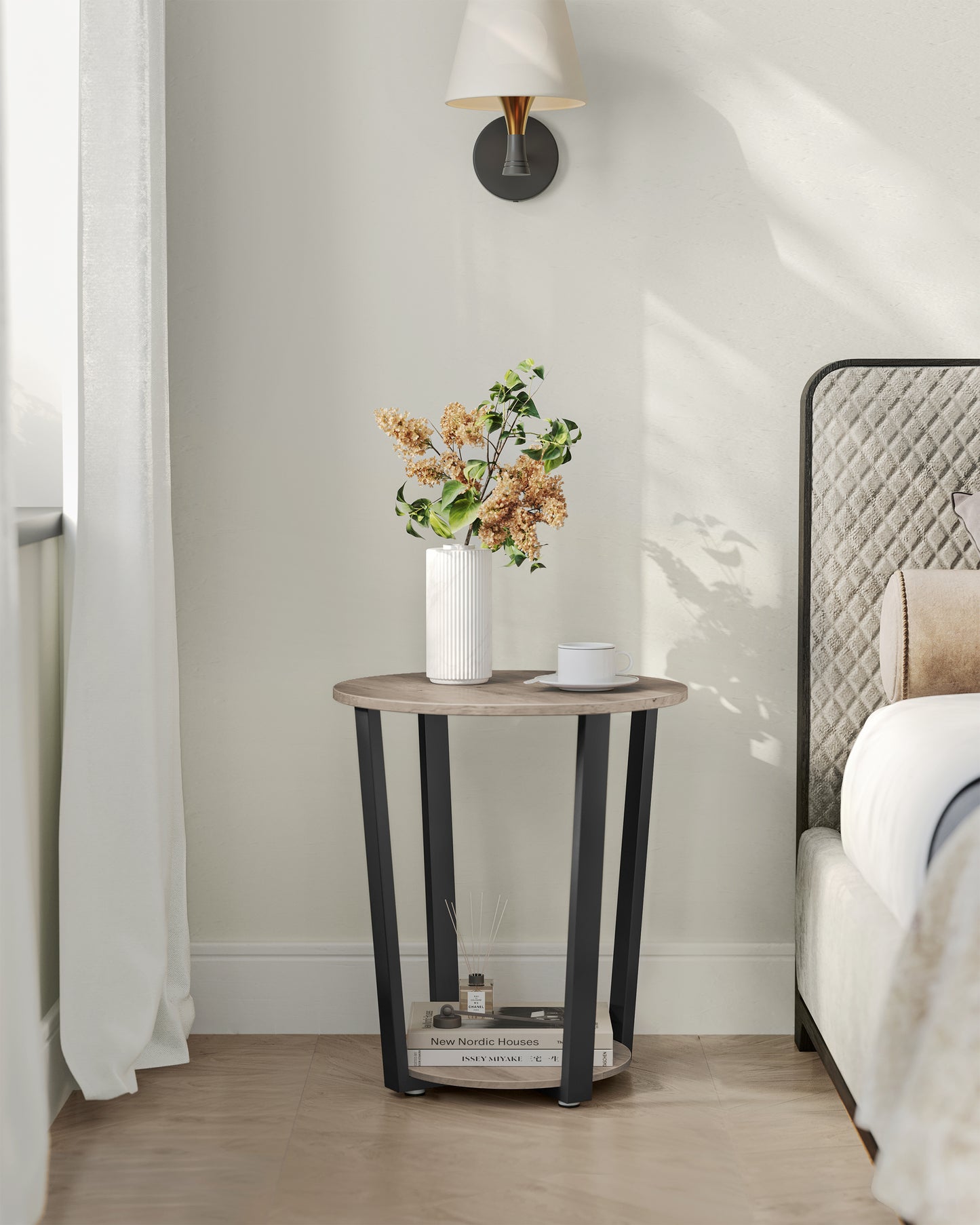 End Table, Round Side Table with Storage Shelf, Easy Assembly, Industrial Accent Furniture with Steel Frame, Heather Greige and Black
