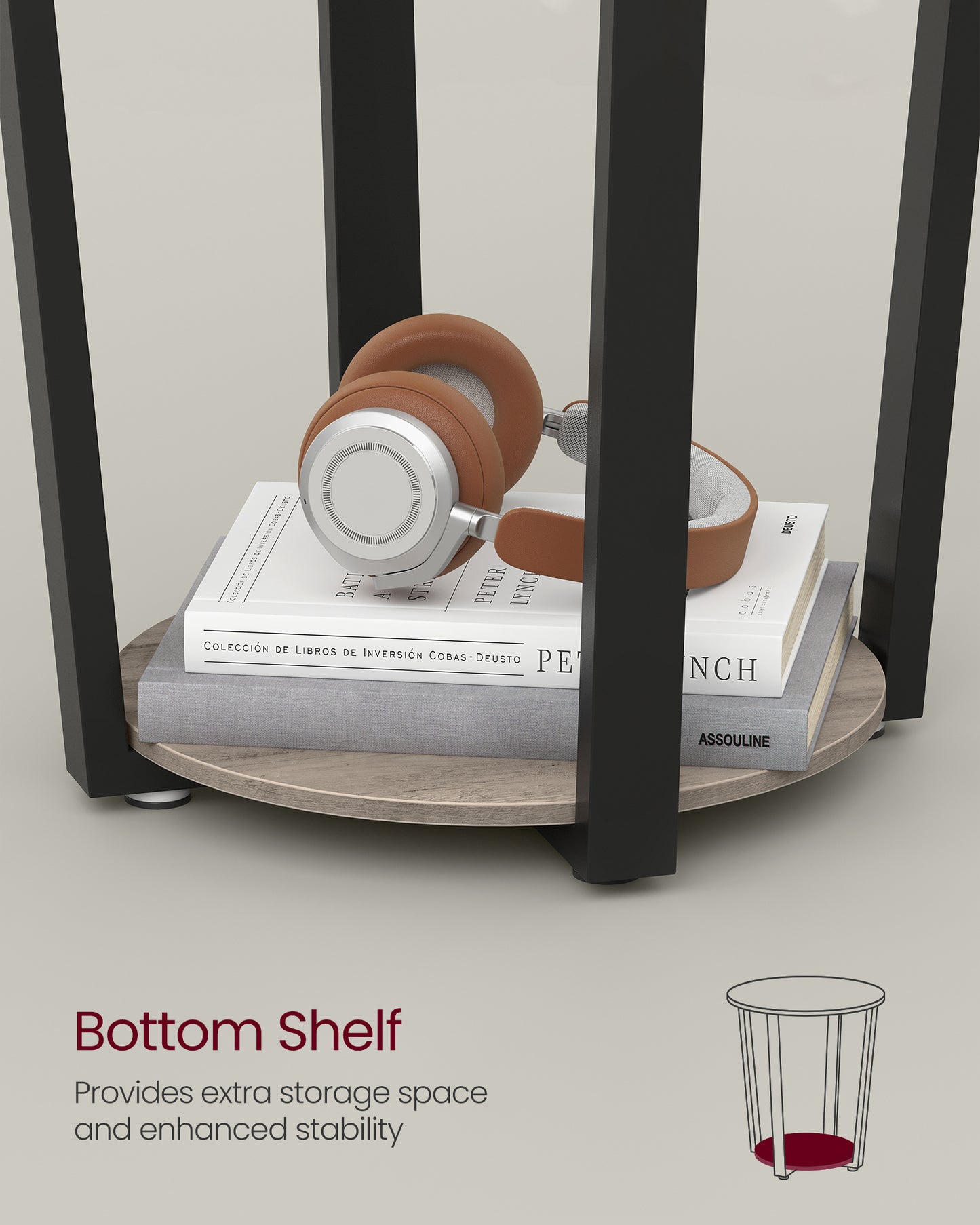 End Table, Round Side Table with Storage Shelf, Easy Assembly, Industrial Accent Furniture with Steel Frame, Heather Greige and Black