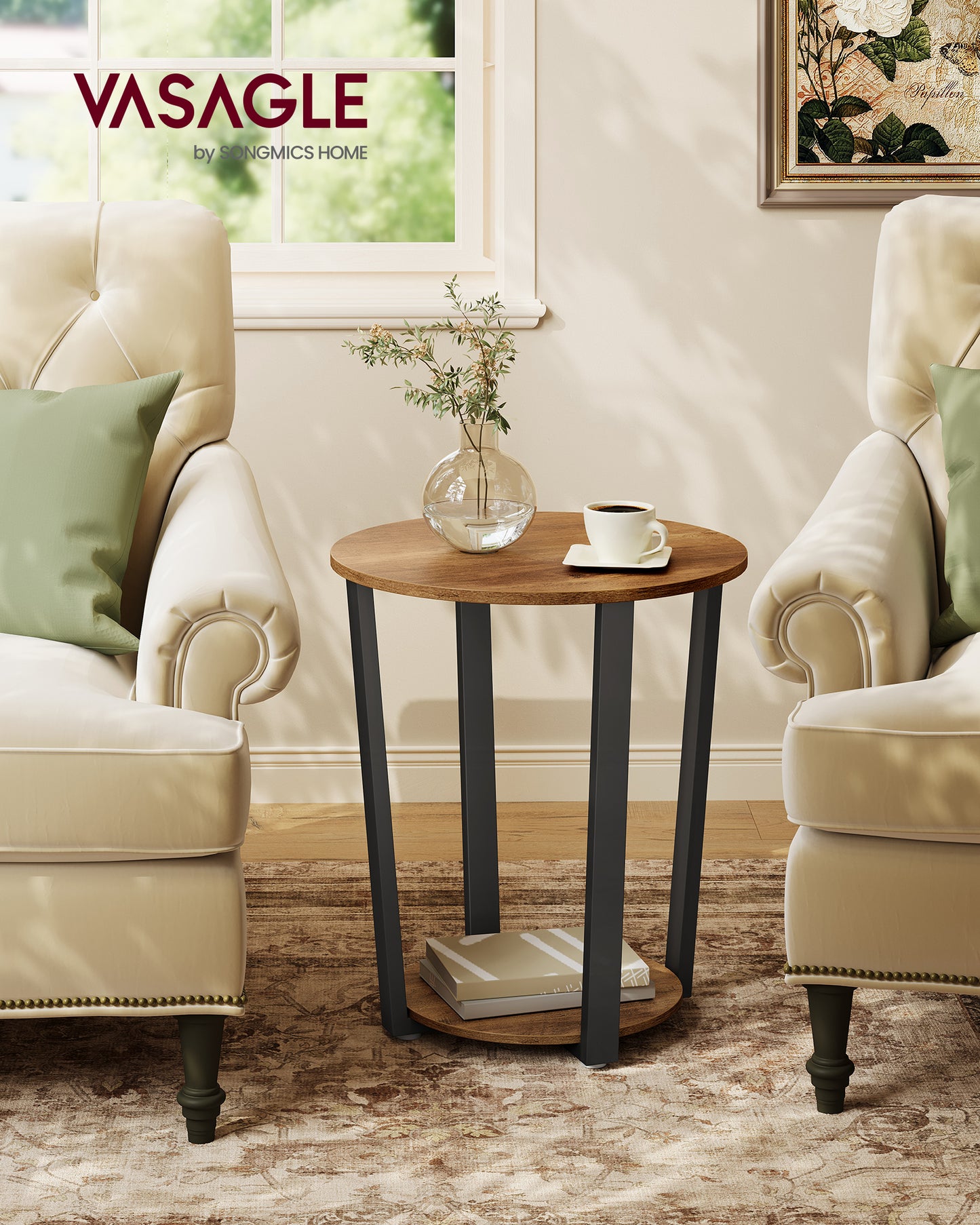 VASAGLE Round Side End Table, 2-Tier Accent Bedside Table with Storage Shelf, Easy Assembly, Nightstand for Small Spaces, Honey Brown and Ink Black