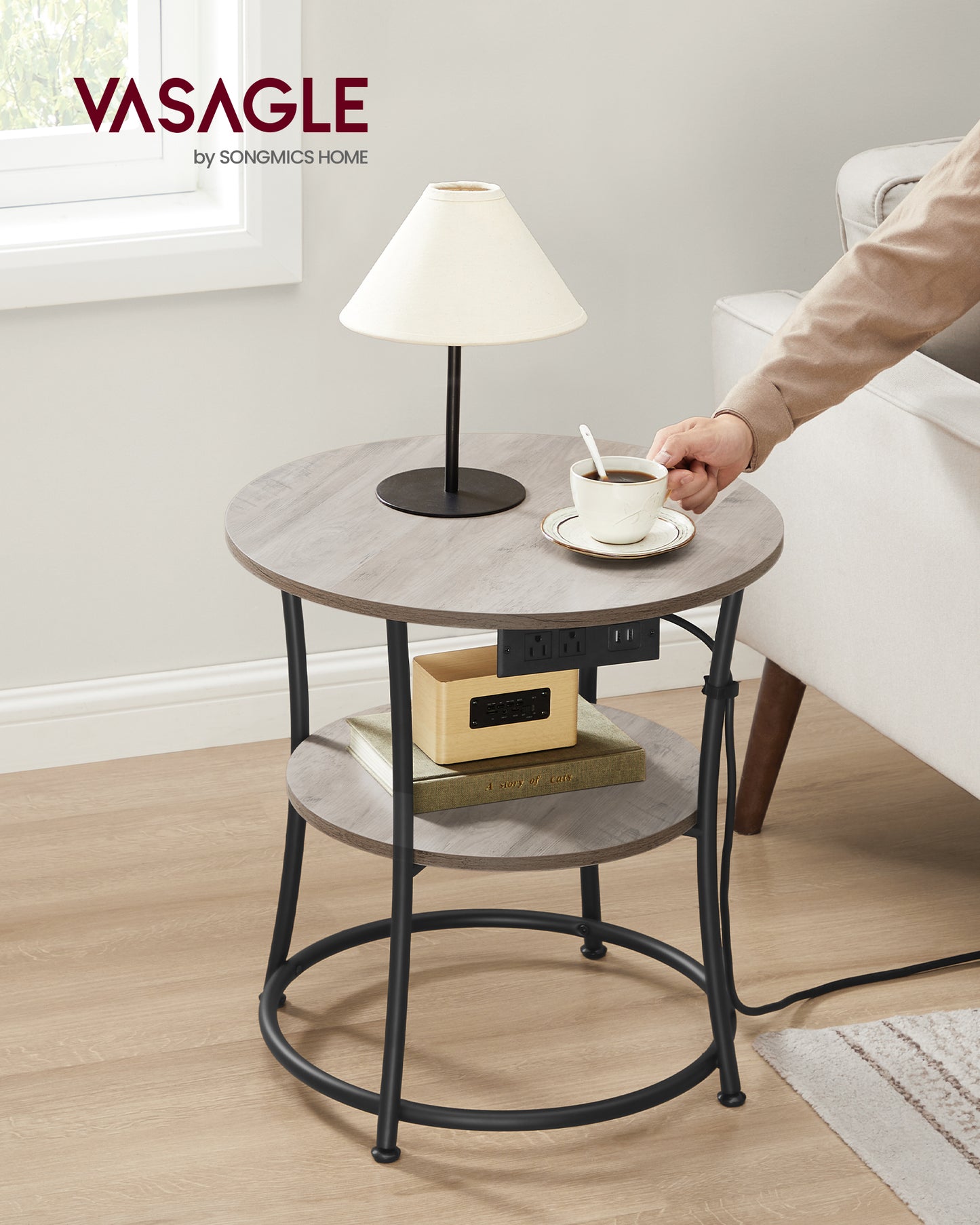 2-Tier Round End Table with Power Outlets, Nightstand with 2 AC Outlets & 2 USB Ports, Steel Frame for Bedroom Living Room, Heather Greige & Black