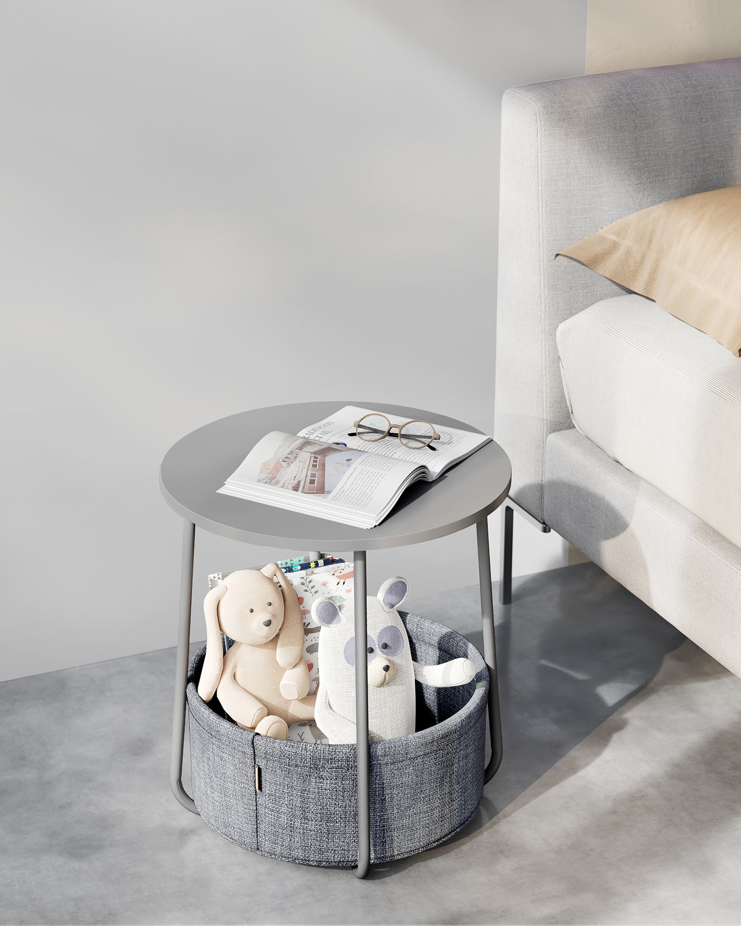 VASAGLE Round End Side Table with Fabric Storage Basket Bedside Table Nightstand for Living Room Bedroom Dove Gray and Slate Gray