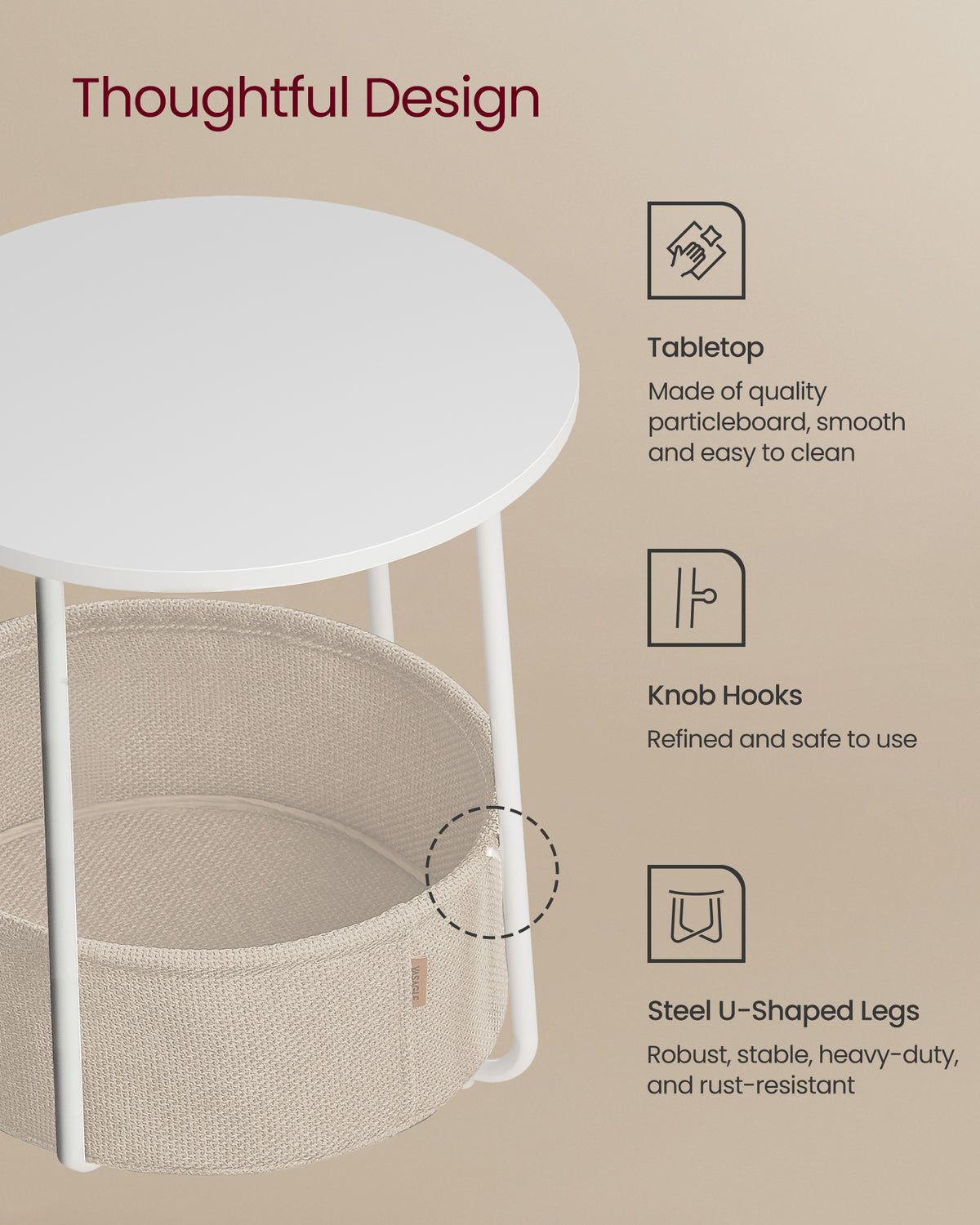 Small Round Side End Table, Modern Nightstand with Fabric Basket Matte White and Camel Brown