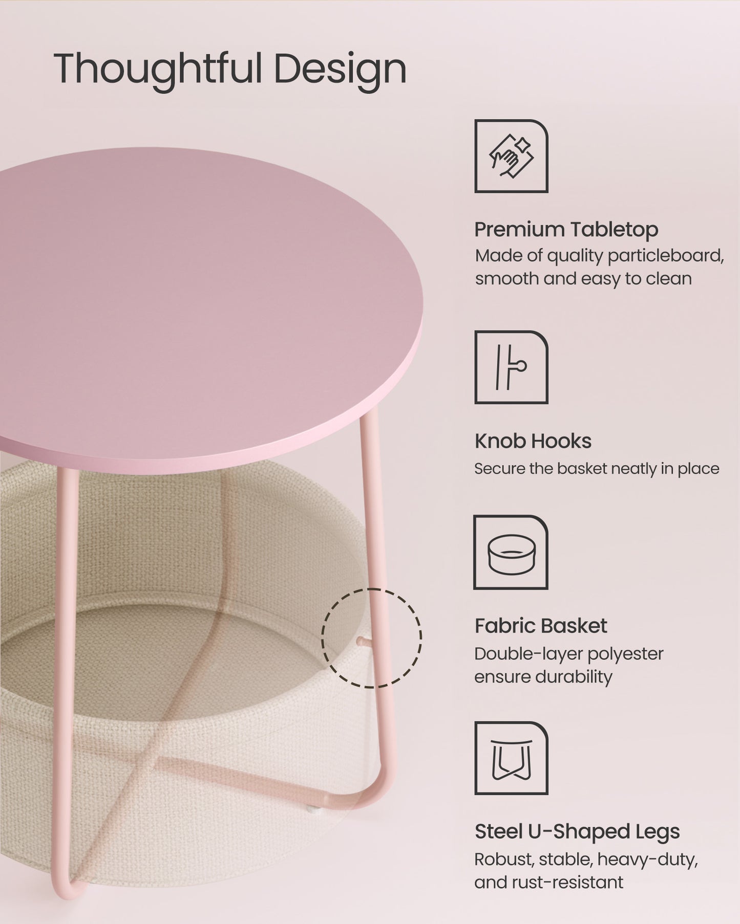 VASAGLE LILEA Collection - Small Round Side End Table, Modern Nightstand with Fabric Basket, Set of 2, Jelly Pink and Cream White