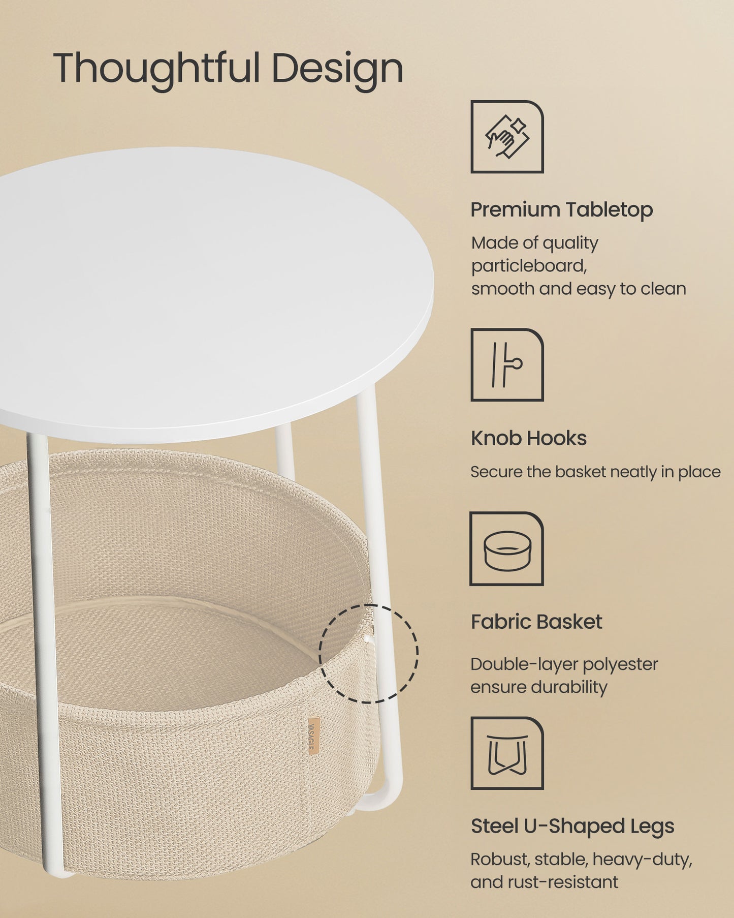 VASAGLE LILEA Collection - Small Round Side End Table, Modern Nightstand with Fabric Basket, for Living Room, Bedroom, Set of 2, Matte White and Camel Brown