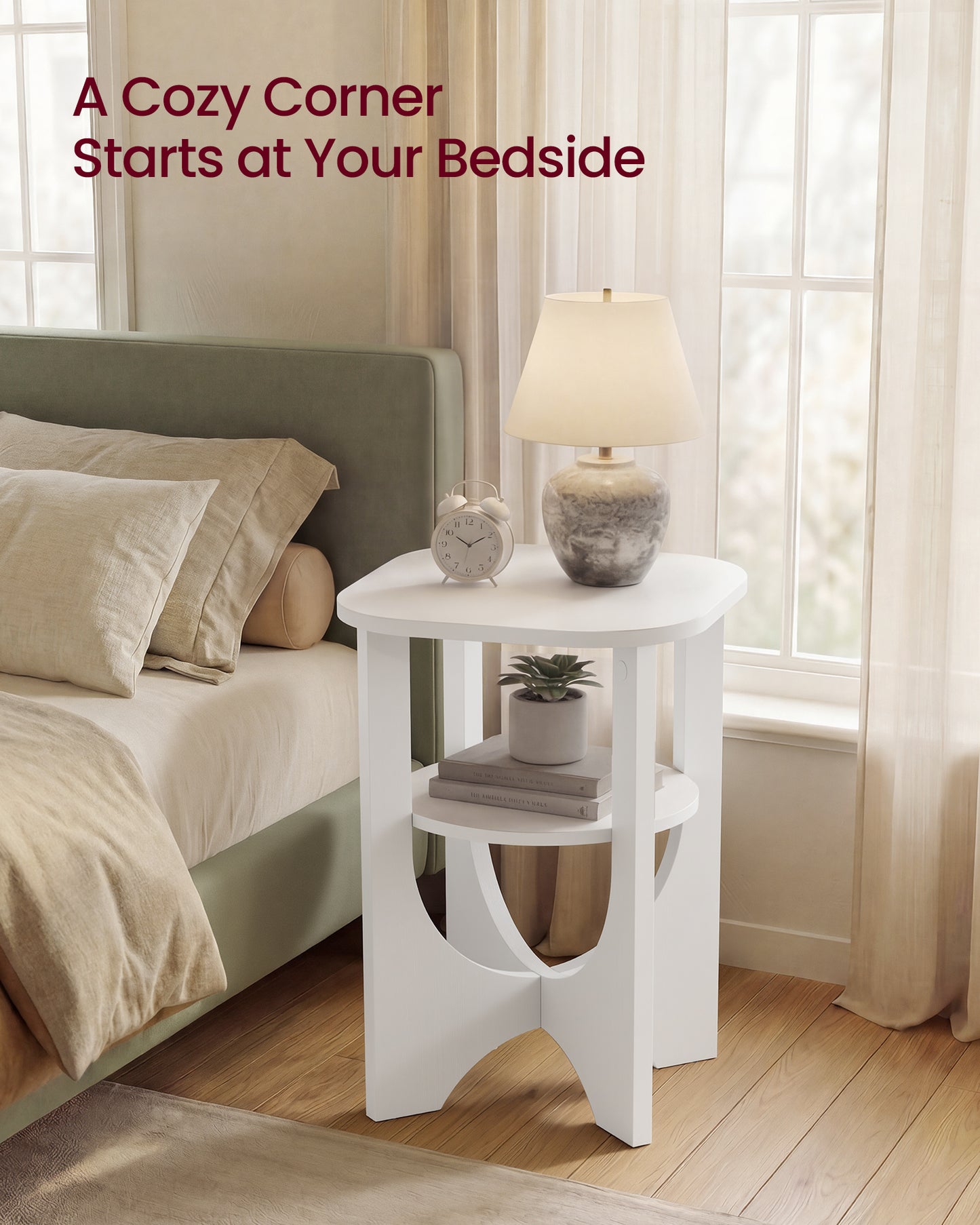 VASAGLE Side Table, 2 Tier Small Accent End Table, Nightstand with Lower Shelf for Small Spaces, Living Room, Bedroom, Cloud White