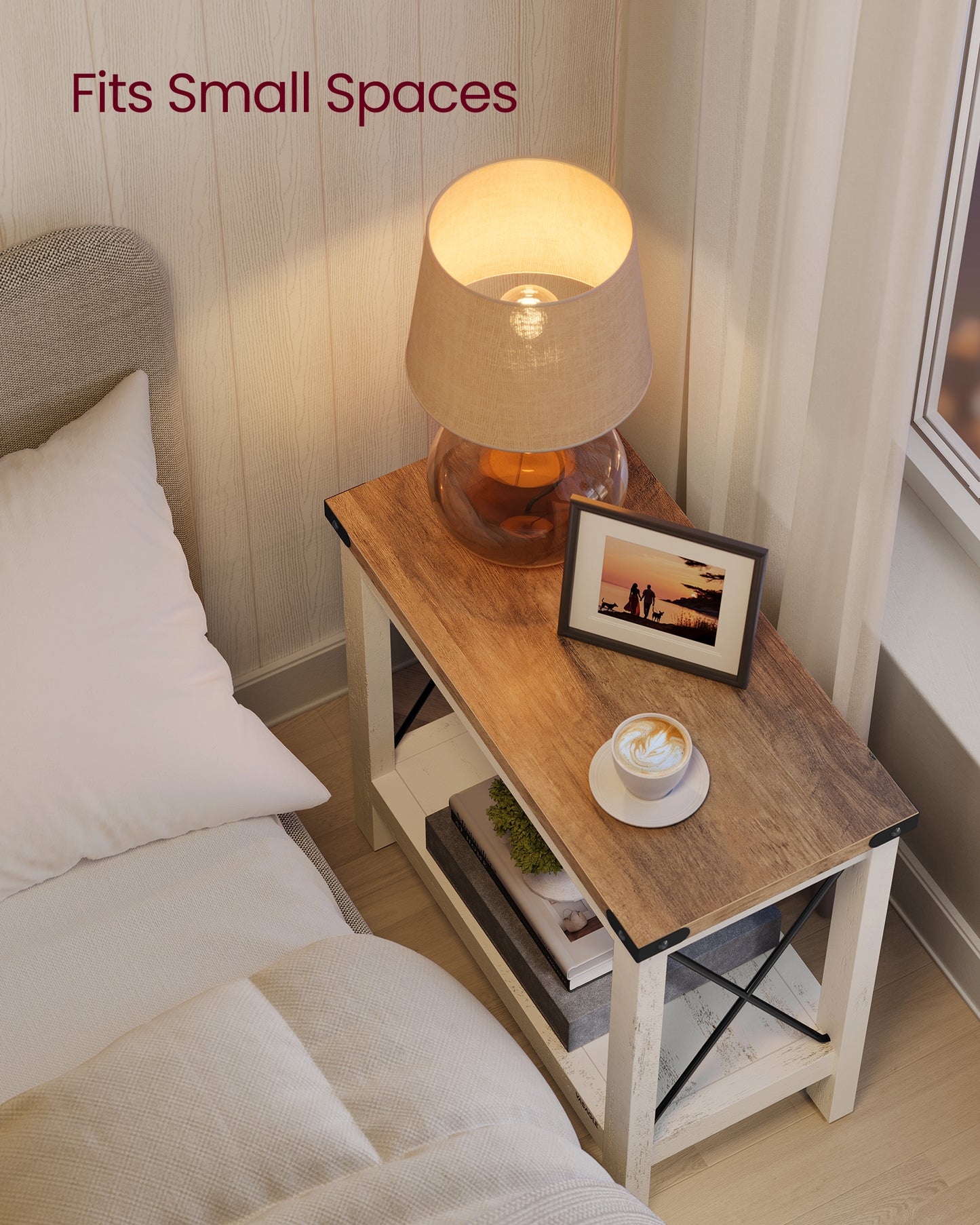 2-Tier End Table, Side Table with Bottom Shelf, Nightstand for Small Spaces, for Living Room, Bedroom, Farmhouse Style, Rustic White and Honey Brown