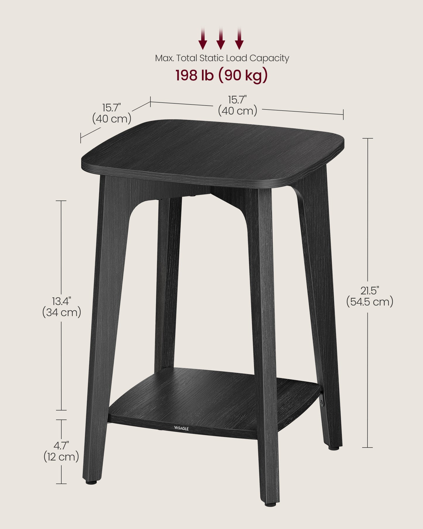 LEDREM Modern Square Side Table with Lower Shelf, 2-Tier Small End Table/Nightstand, Space-Saving 15.7x15.7x21.5 Inch, Charcoal Gray