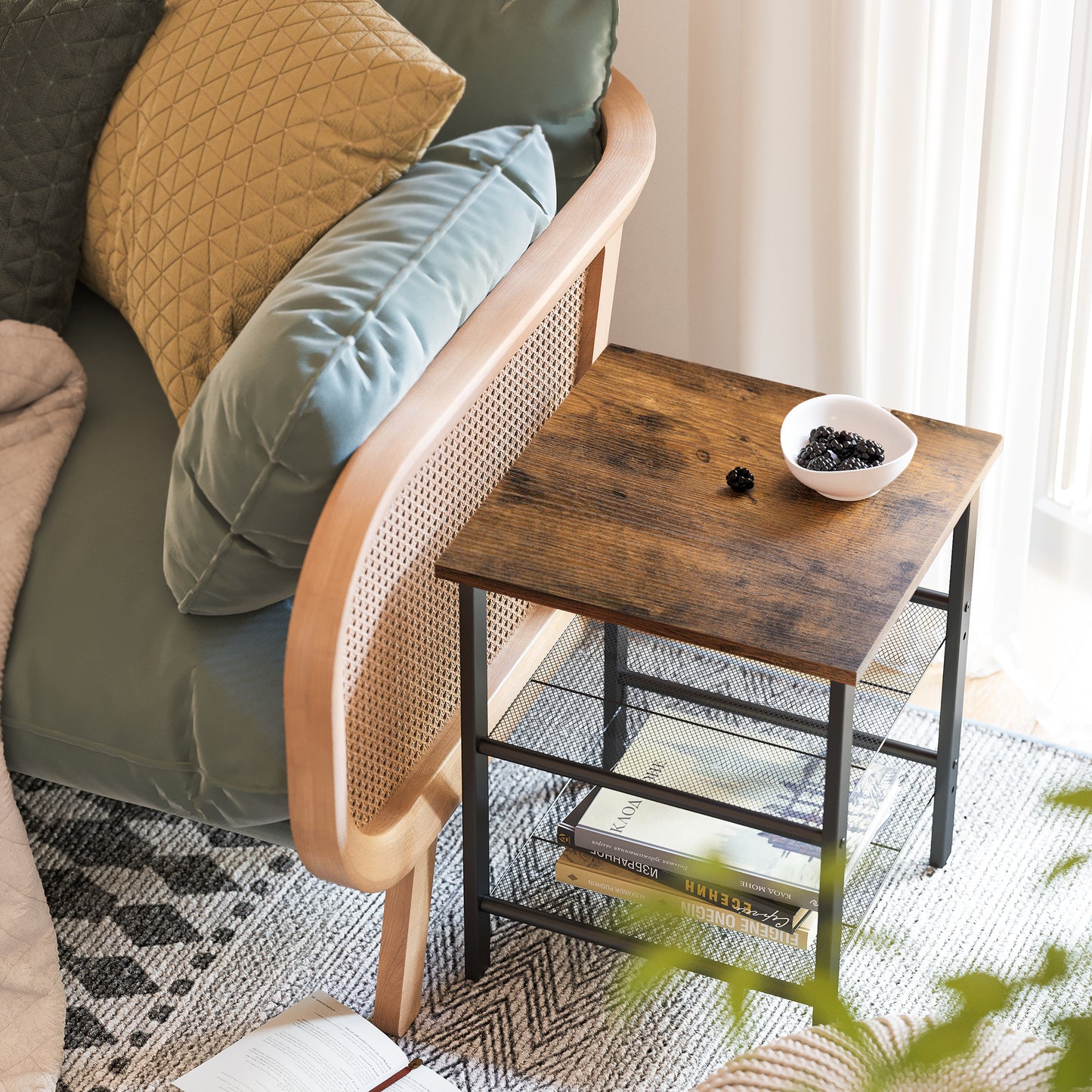End Table, Nightstand with 2 Adjustable Mesh Shelves, Industrial Side Table for Living Room, Stable Metal Frame, Easy Assembly, Rustic Brown and Black