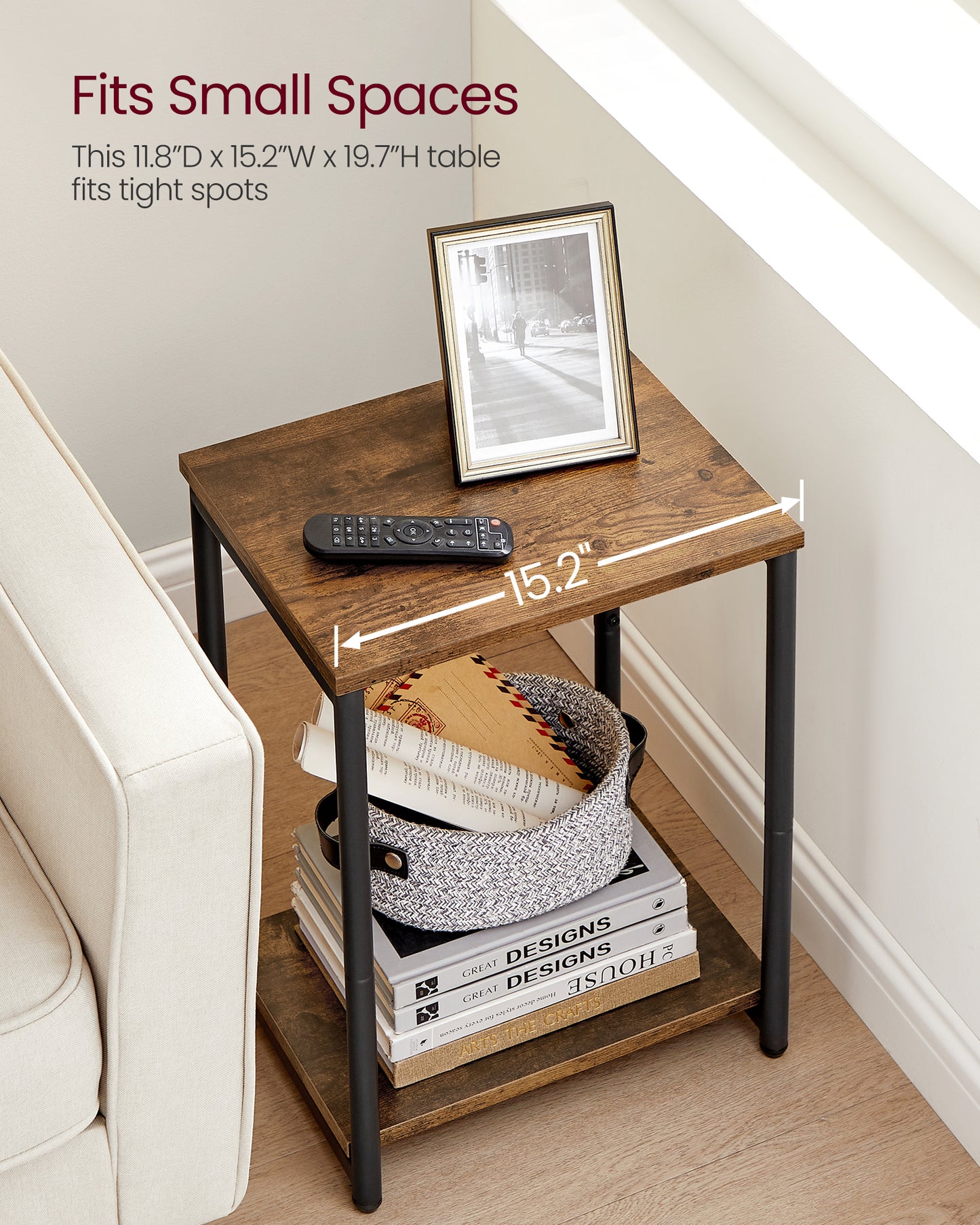 VASAGLE Side Table, Small End Table, Nightstand, Rustic Brown and Black