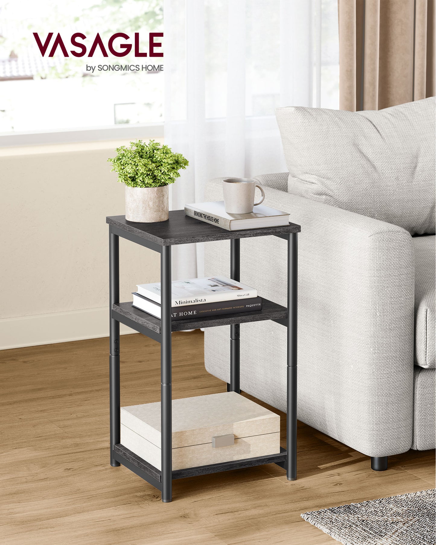 End Table Space Saving Table with 3 Open Tiers for Living Room Bedroom Gray