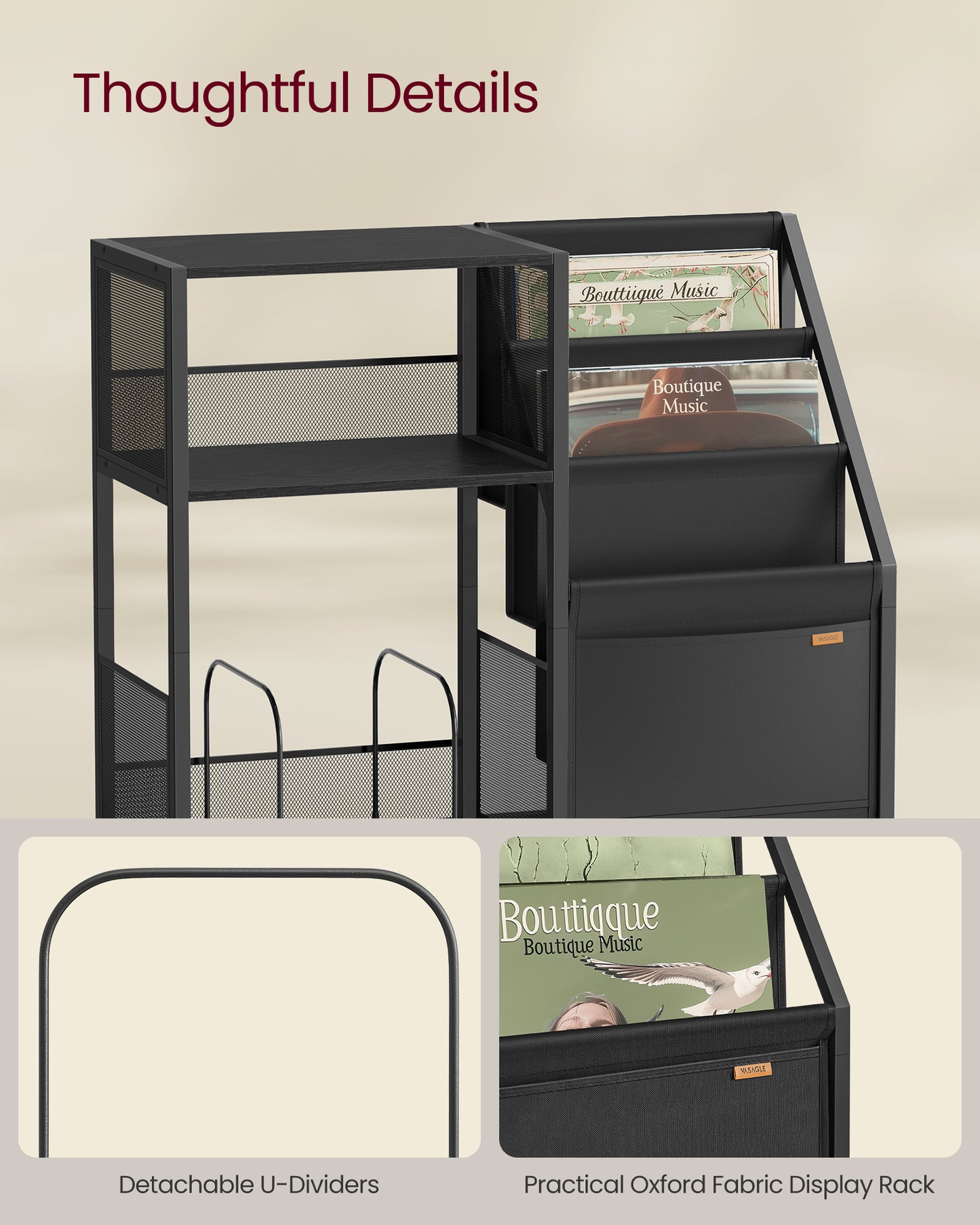 Record Player Stand, 3-Tier Side Table, Vinyl Record Storage up to 140 Albums, End Table for Living Room, Bedroom, Ebony Black