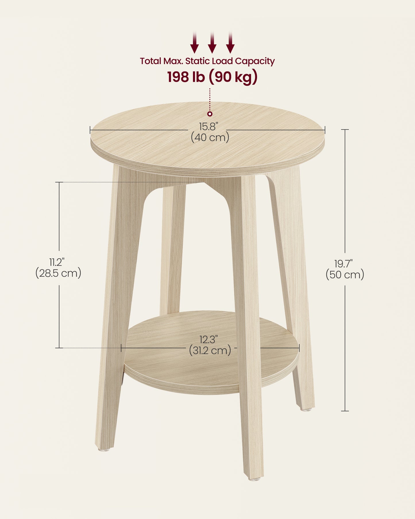 2-Tier Small Round End Table, Nightstand with Tapered Legs