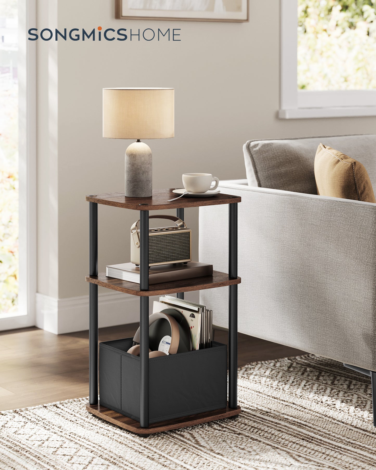 Ebony Walnut Modern 3 - Tier Side Table. Nightstand with Storage & Fabric Basket. Superfast Toolless Assembly.