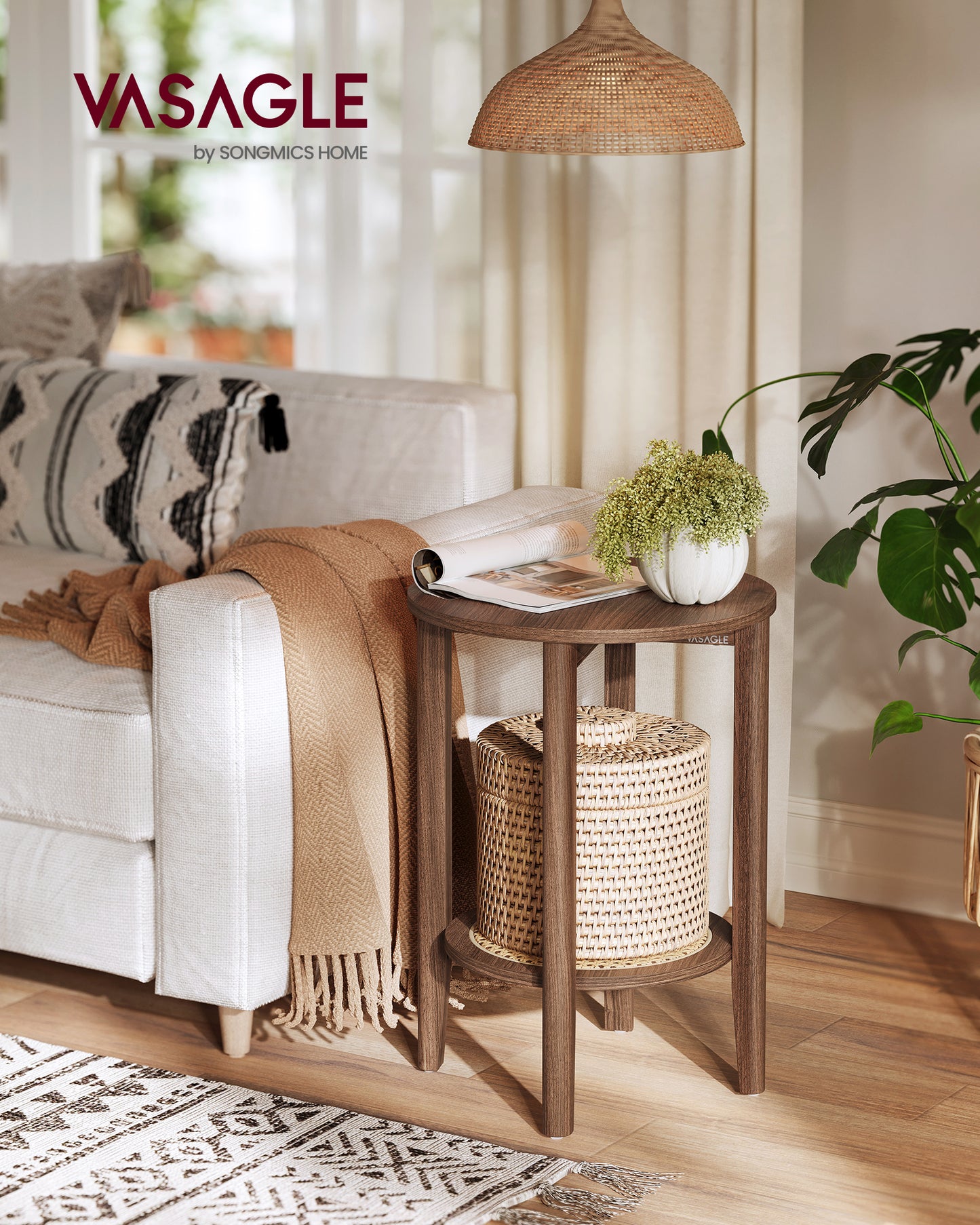Boho 2-Tier Round Side Table - Rattan-Look Nightstand with Storage Shelf for Small Spaces, Black Walnut