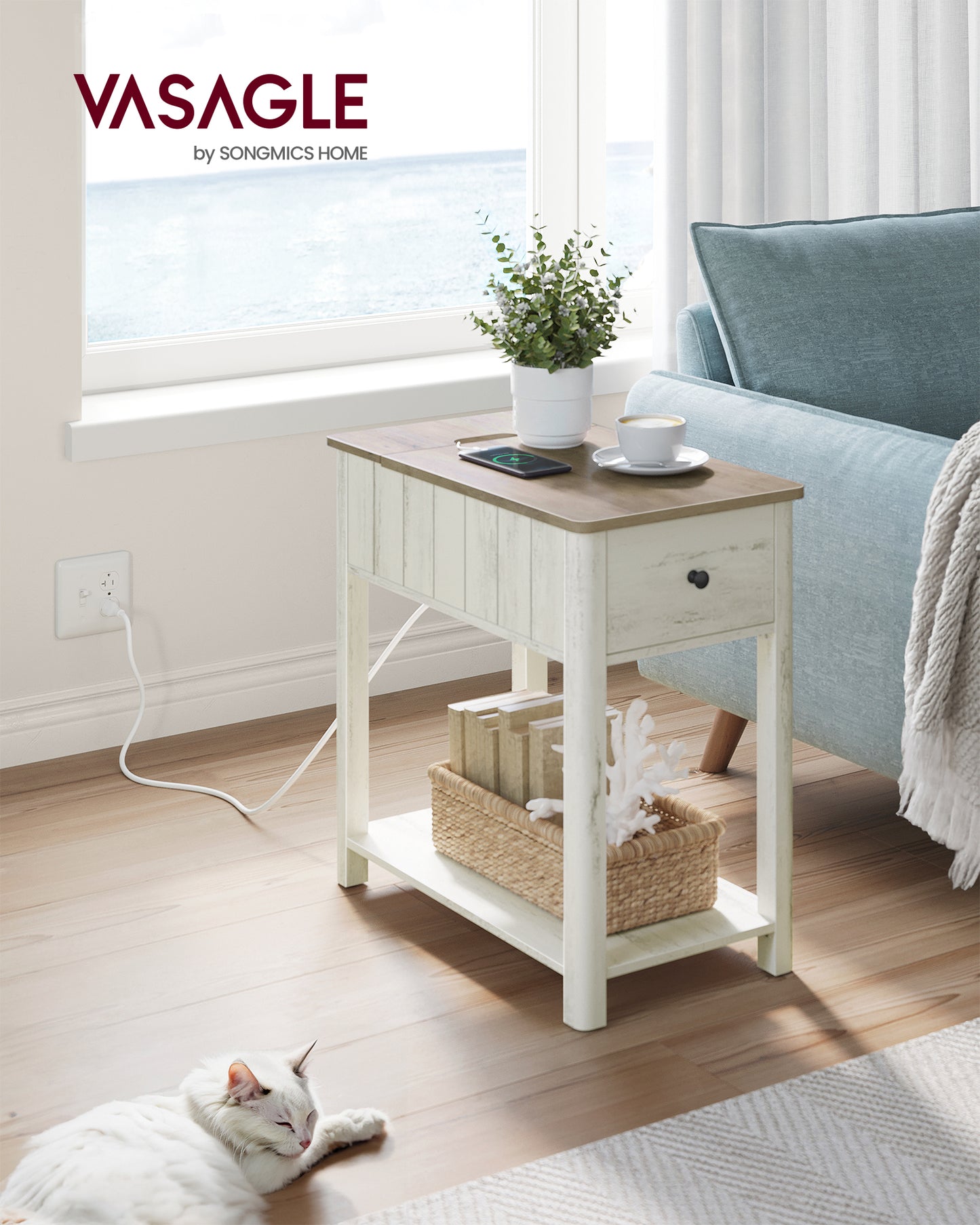 End Table Sofa Side Tables with Drawer and Charging Station White