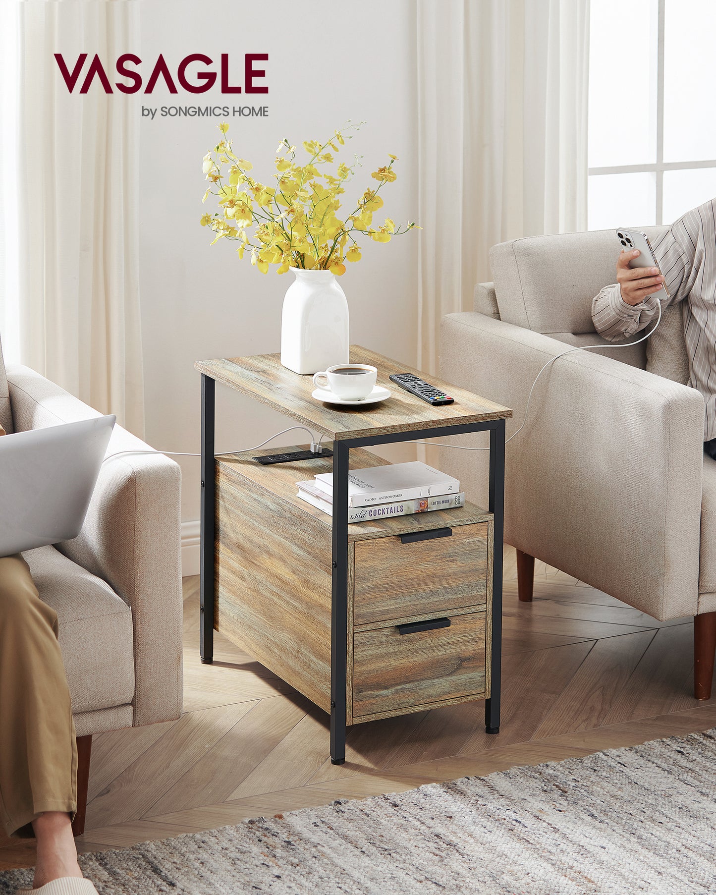 End Table Bedside Table with Storage Bedroom Small Space 2 Drawers Oak with Blue Grains Black