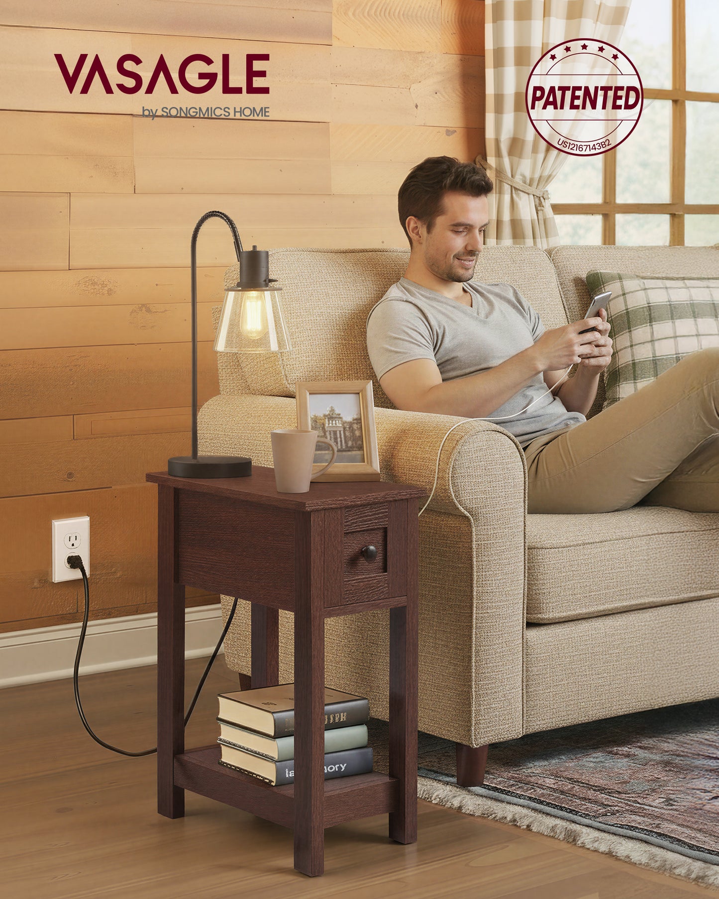 Slim Nightstand with Power Outlet, Superfast Toolless Assembly, Farmhouse Bedside Table, for Living Room, Brown