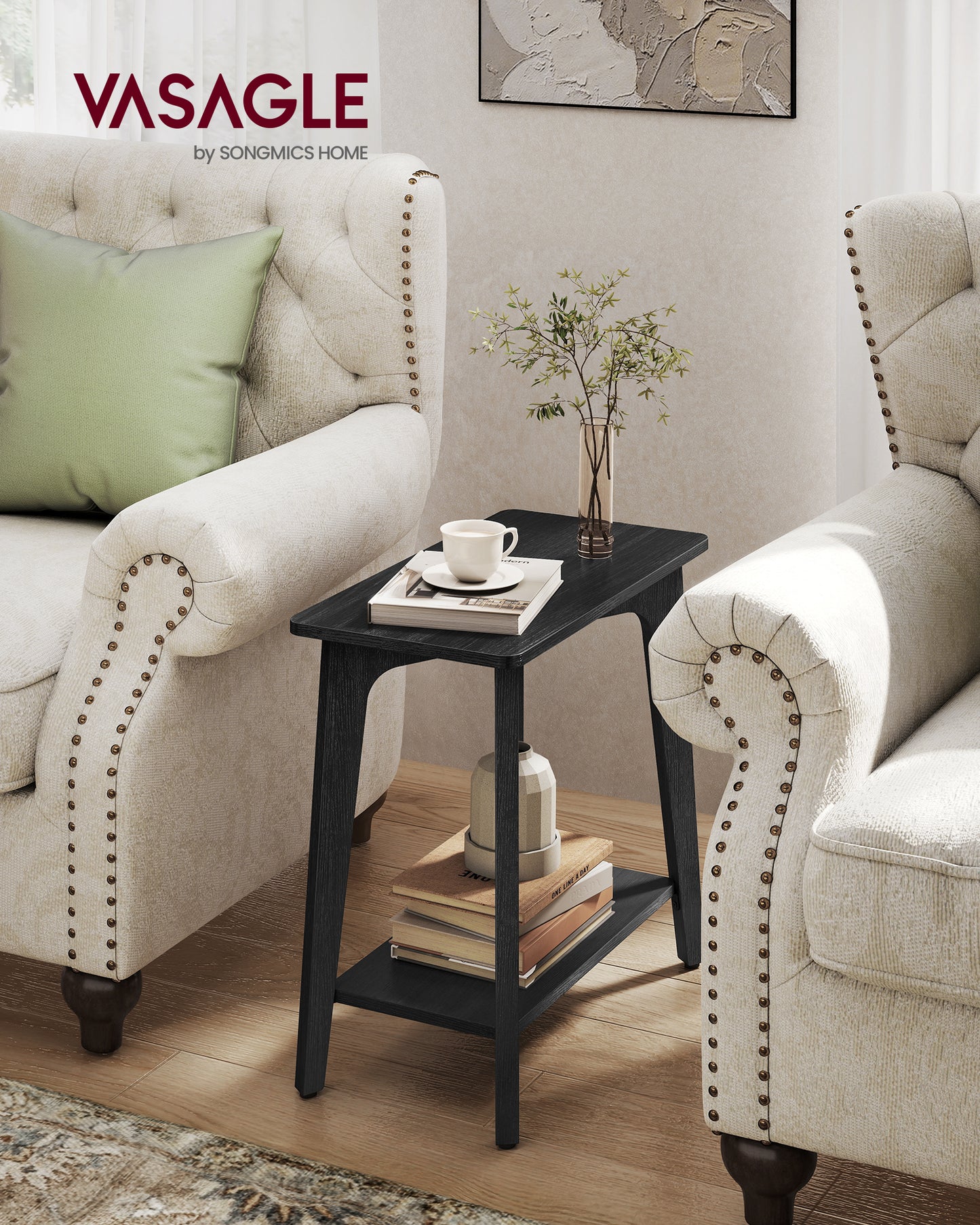 VASAGLE MAEZO Collection - Side Table, 2-Tier Small Rectangular End Table with Tapered Legs, Curved Transitions, for Small Spaces, Charcoal Gray