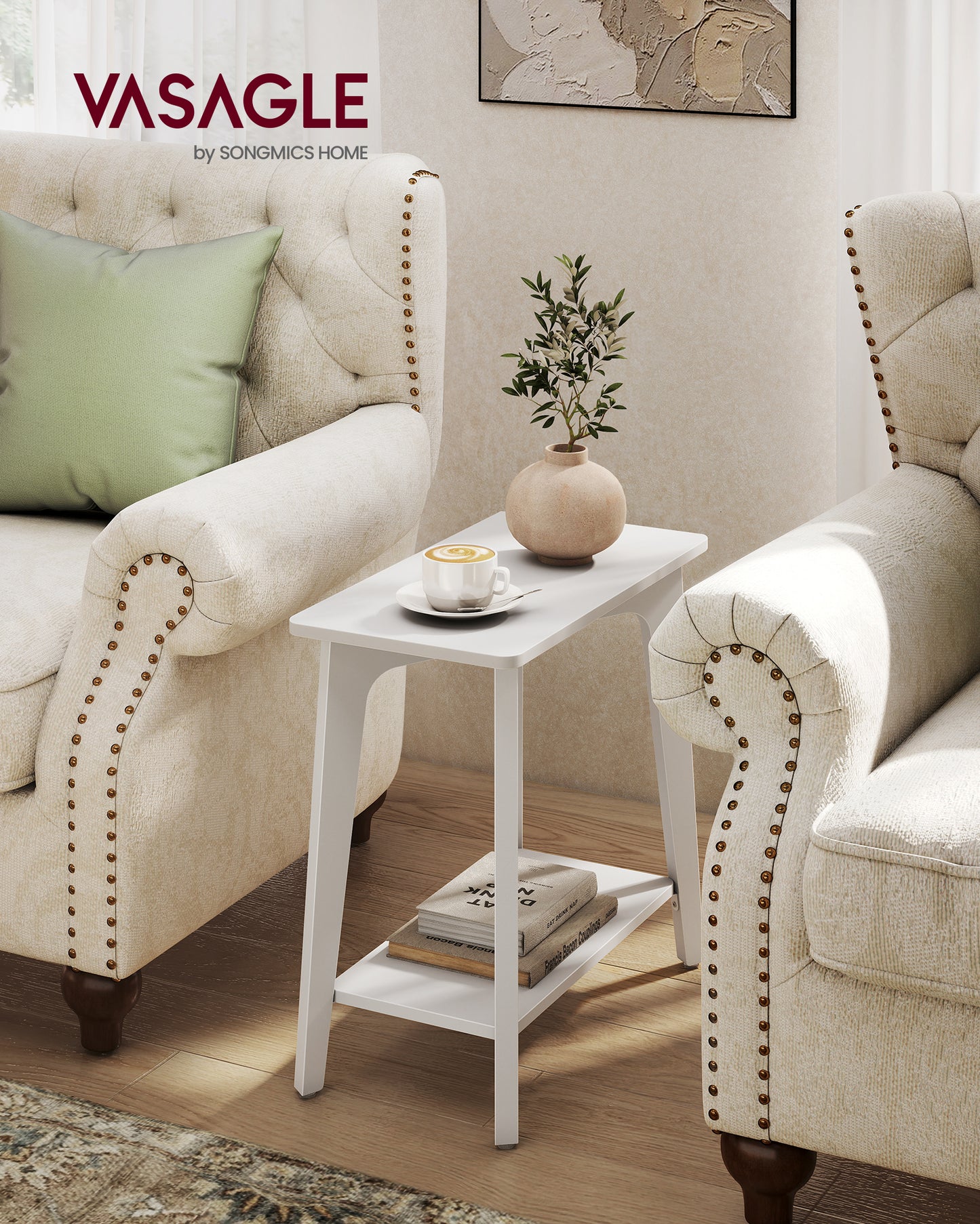 VASAGLE MAEZO Collection - Side Table, 2-Tier Small Rectangular End Table with Tapered Legs, Curved Transitions, for Small Spaces, Cloud White