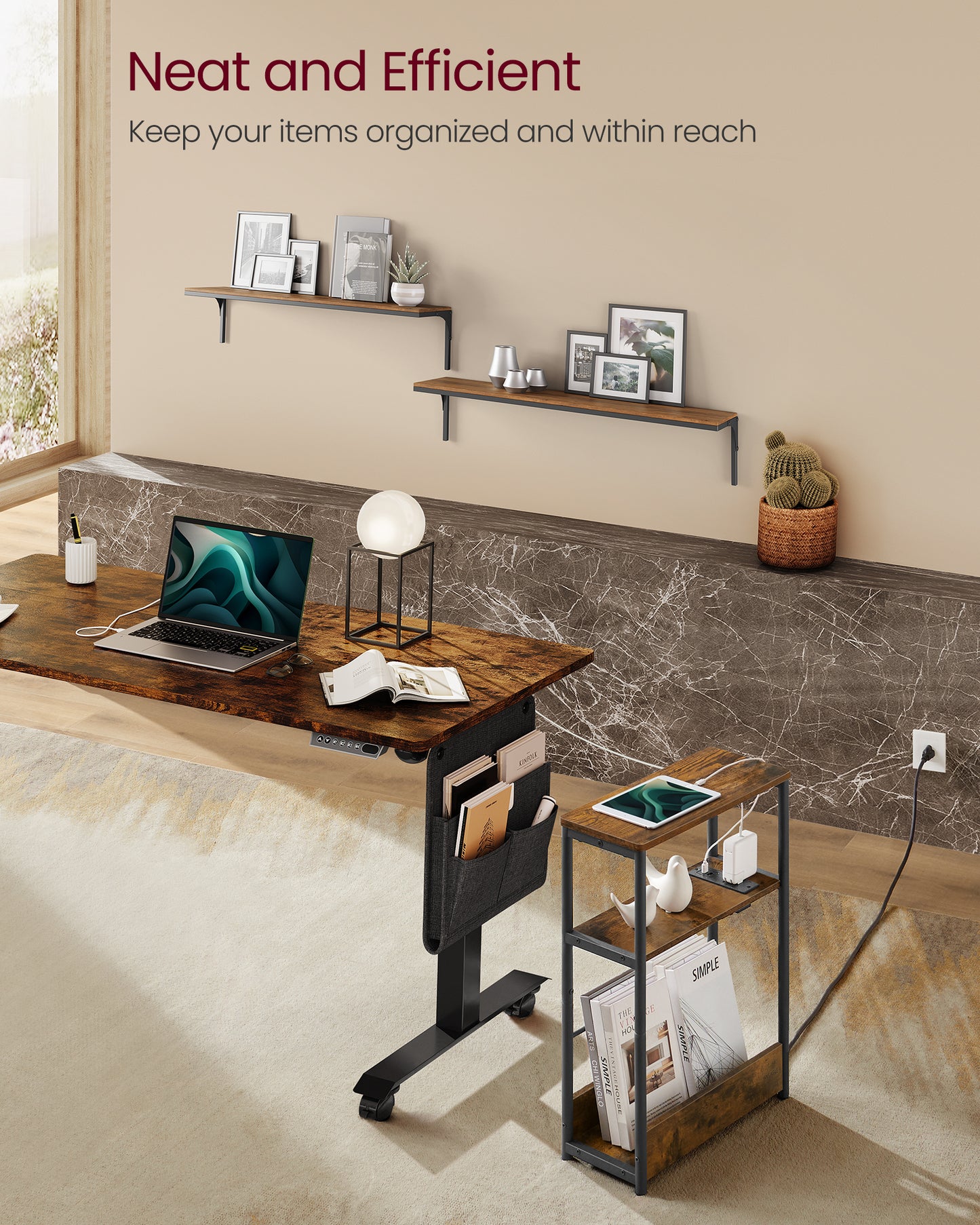 Side Table with Charging Station, Narrow End Table, 3-Tier Nightstand, Sofa Table for Small Spaces, Magazine Rack, for Living Room, Bedroom, Study, Rustic Brown and Ink Black