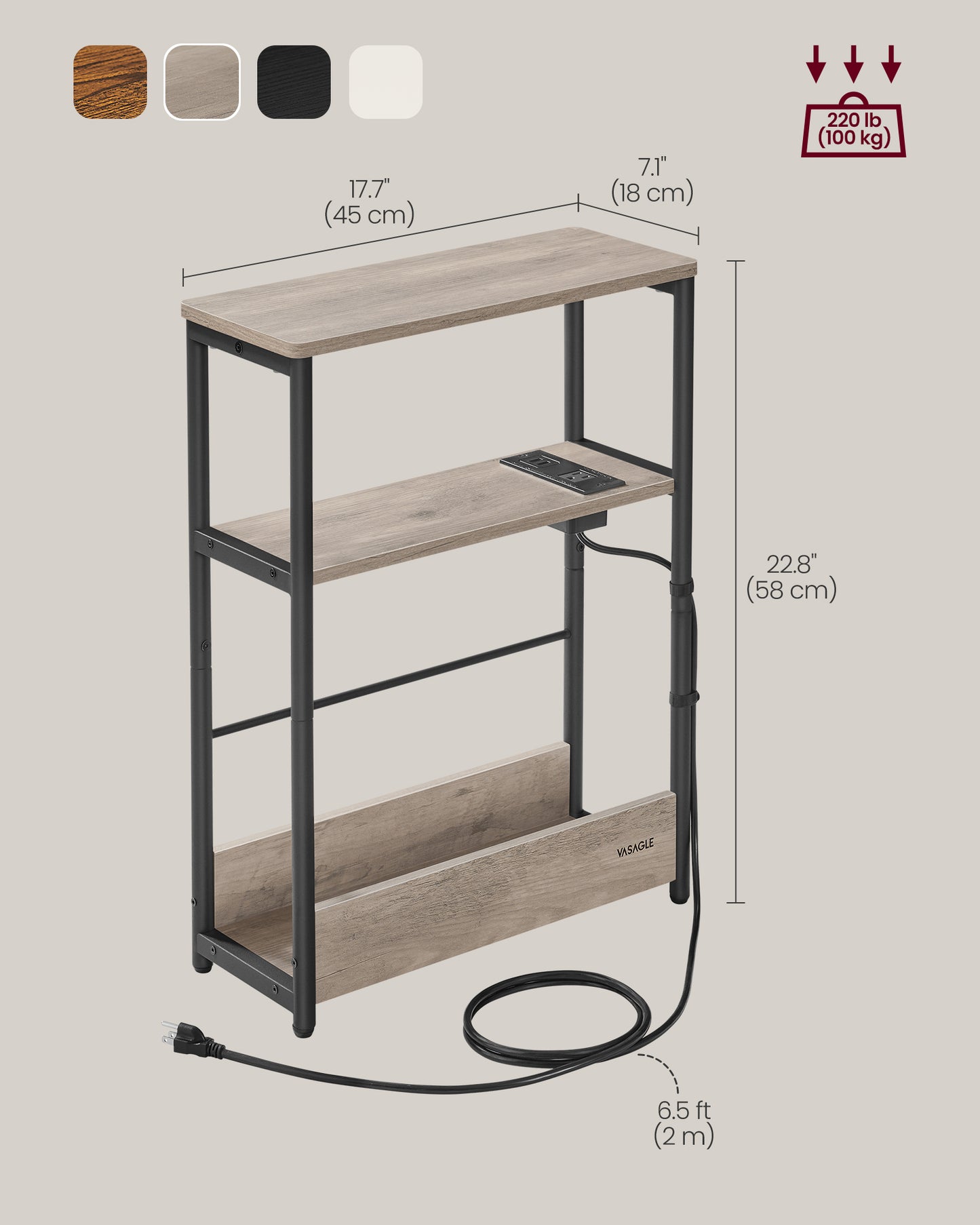 Side Table with Charging Station, Narrow End Table, 3-Tier Nightstand, Sofa Table for Small Spaces, Magazine Rack Heather Greige and Ink Black