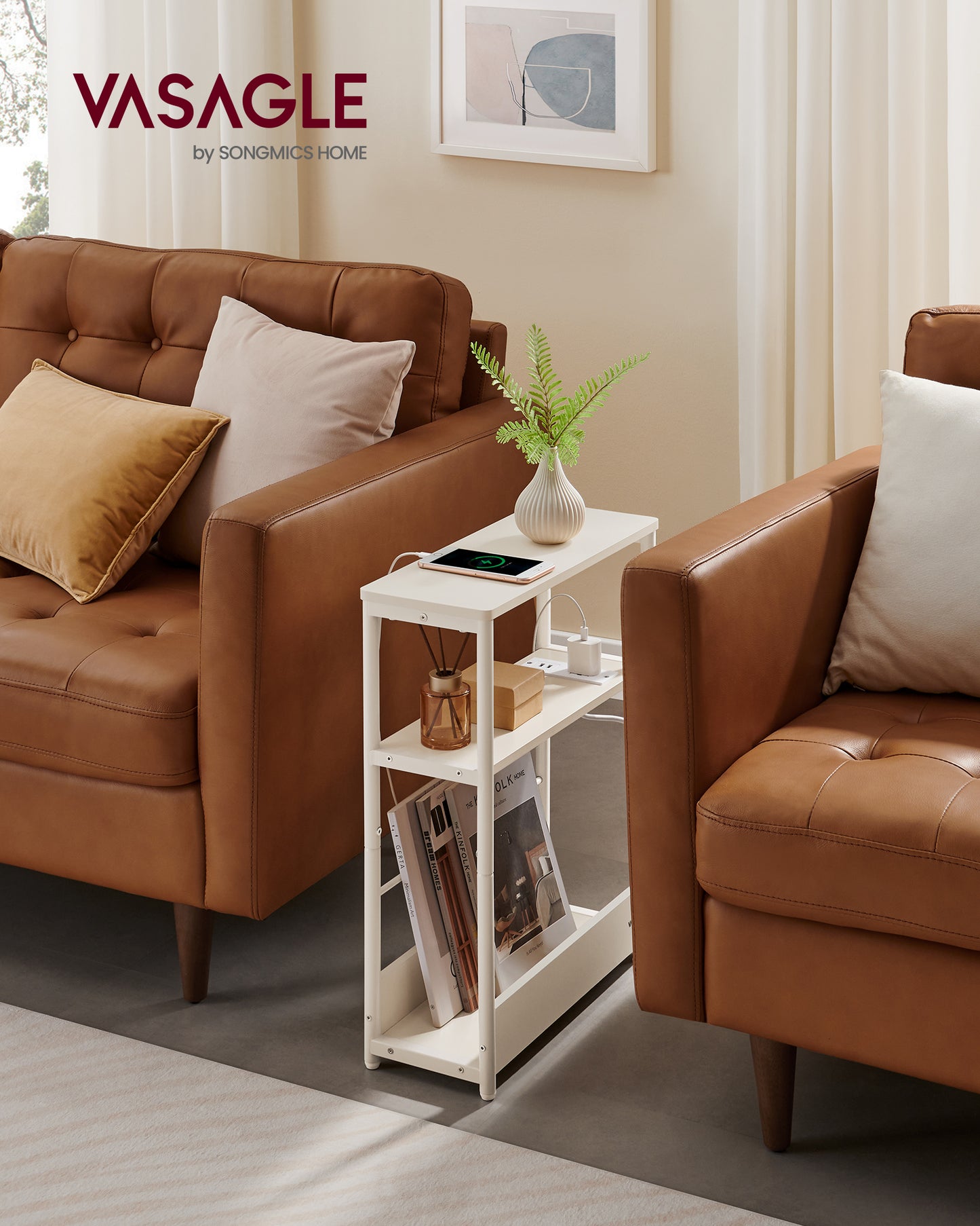 Side Table with Charging Station, Narrow End Table, 3-Tier Nightstand, Sofa Table Magazine Rack, for Living Room, Bedroom, Study, Cream White