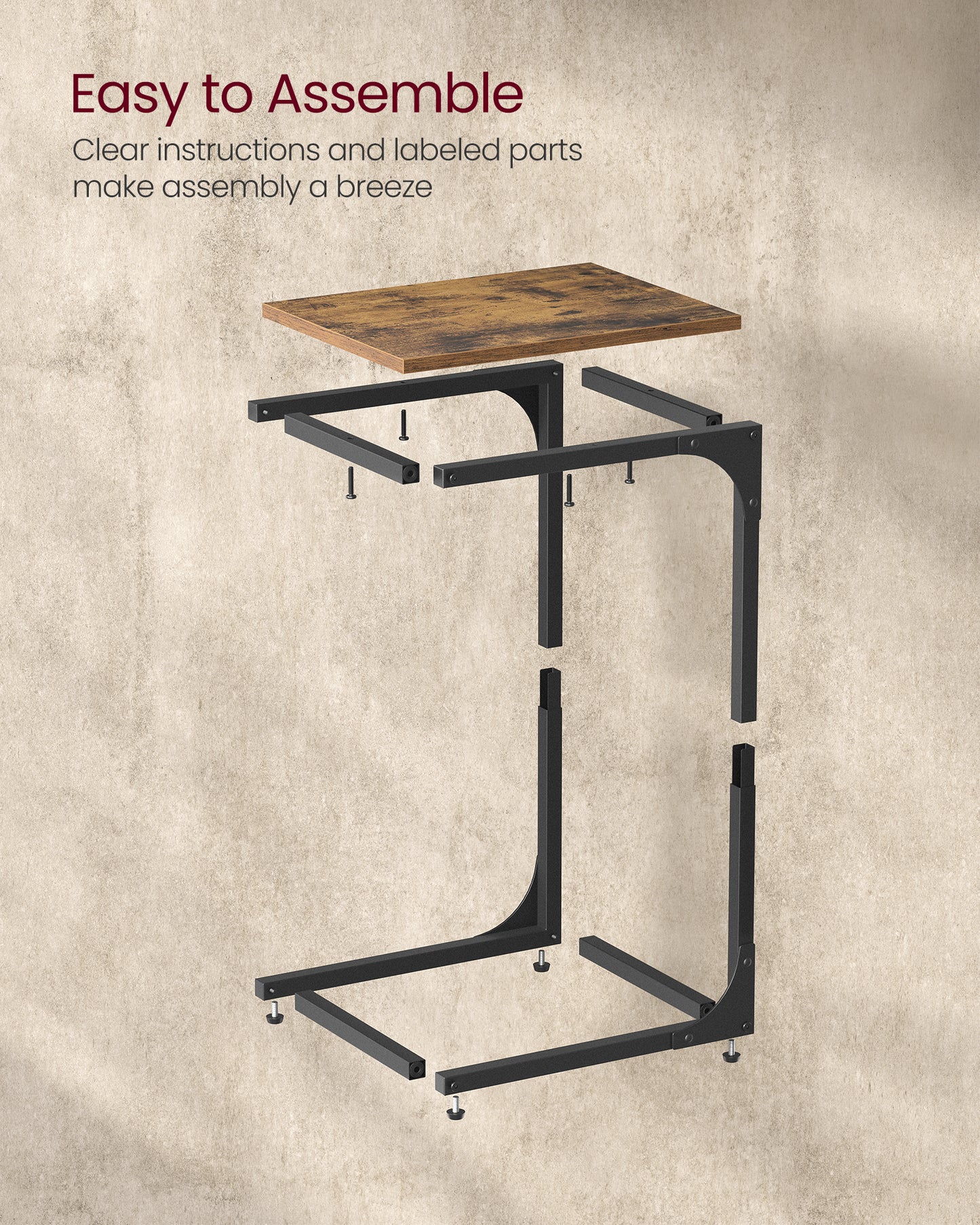 VASAGLE C-Shaped End Table, Small Side Table for Couch, Sofa Table with Metal Frame, Rustic Brown and Black