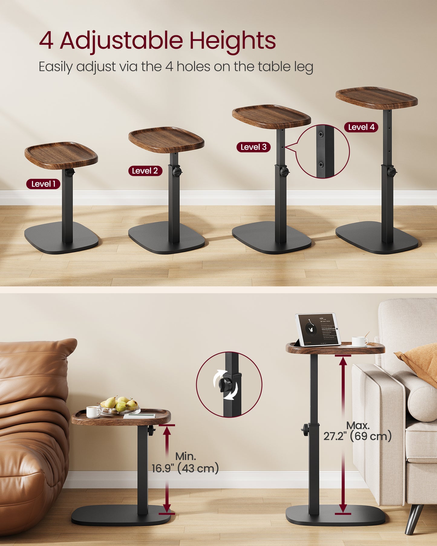 VASAGLE Couch Table, C-Shaped Sofa Side End Table, Adjustable Height, for Small Spaces, 11.8 x 15.7 x 27.2 Inches, Walnut Brown and Ink Blac