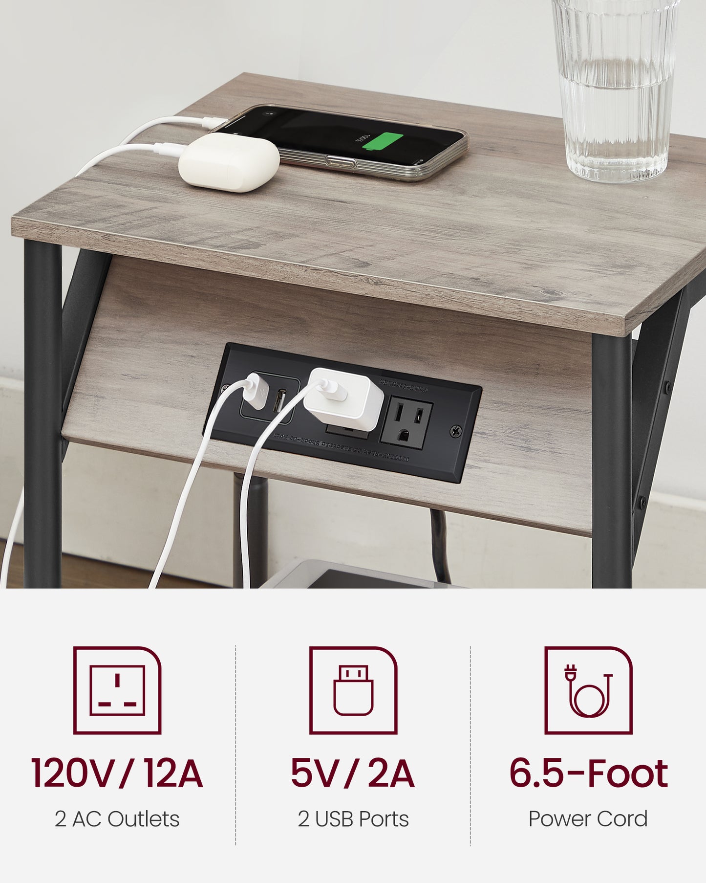 End Table with Charging Station, Small Side Table for Living Room, Bedroom, Nightstand with Outlets and USB Ports, Bedside Table with Storage Shelf, Heather Greige and Black