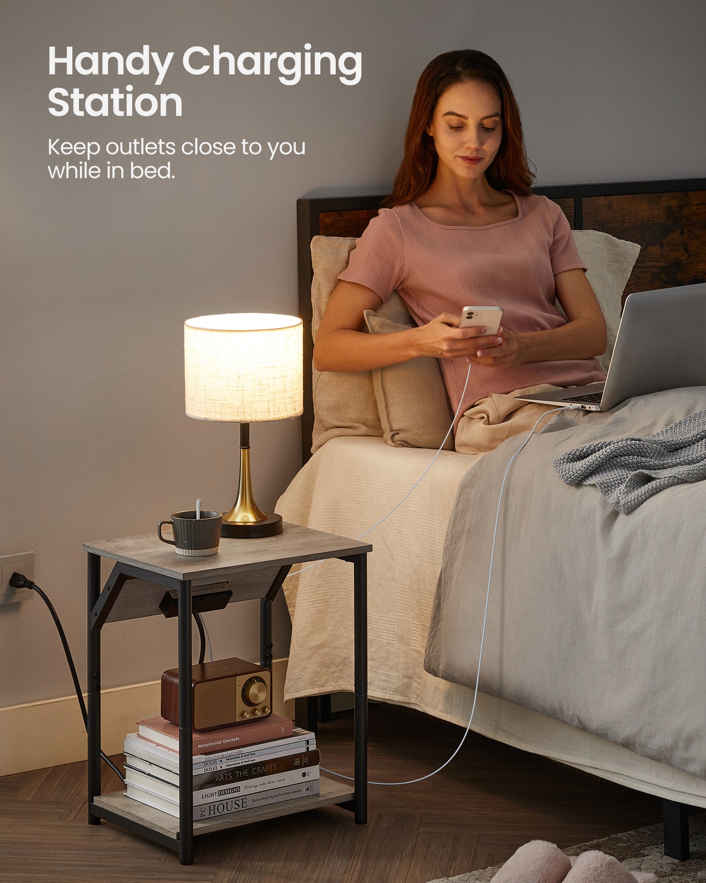 End Table with Charging Station, Small Side Table for Living Room, Bedroom, Nightstand with Outlets and USB Ports, Bedside Table with Storage Shelf, Heather Greige and Black