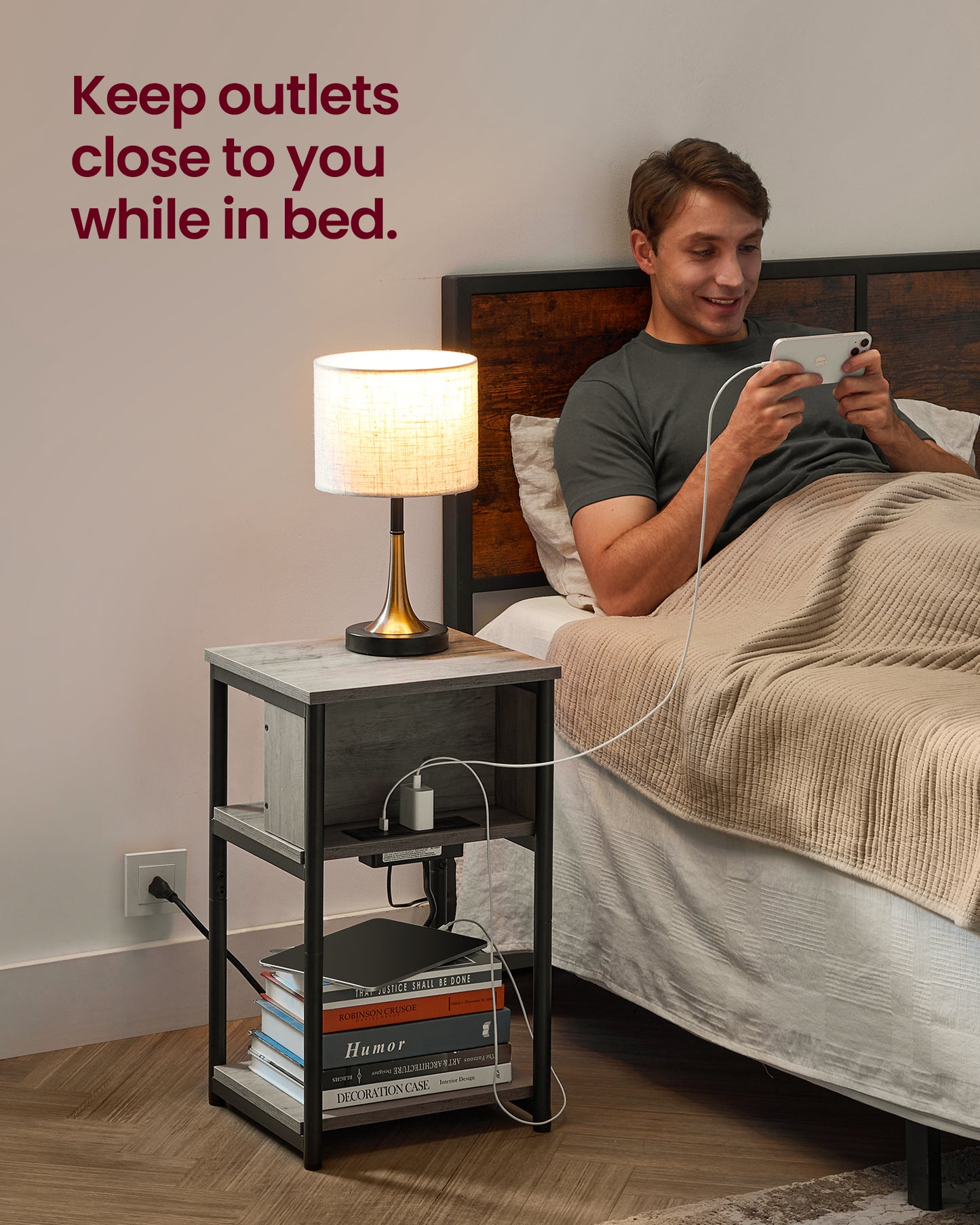 End Side Table with Charging Station 3-Tier End Table with USB Ports and Outlets Nightstand for Living Room Bedroom Greige and Black