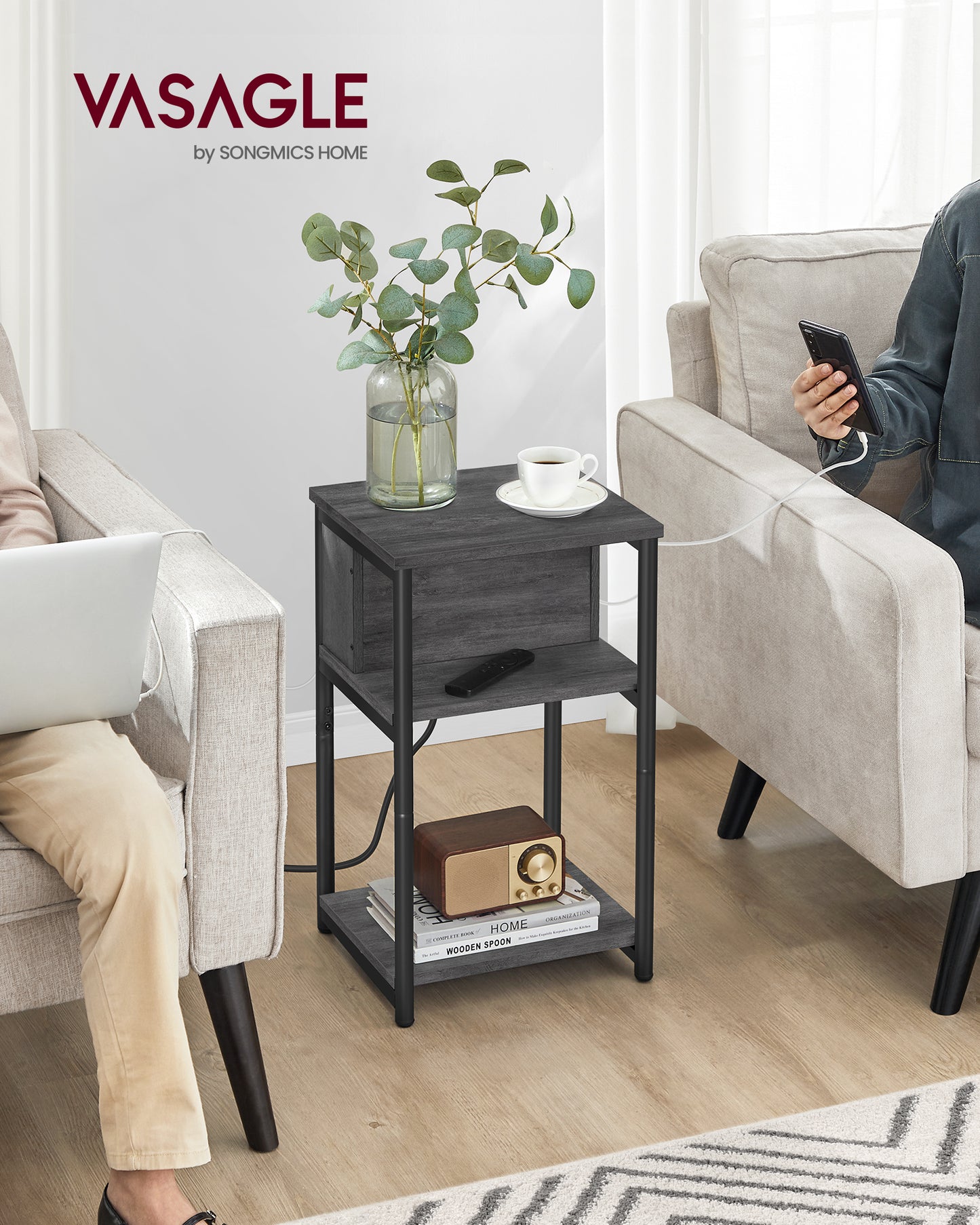 3-Tier End Table with Charging Station Side Table with USB Ports and Outlets Nightstand Misty Gray and Black